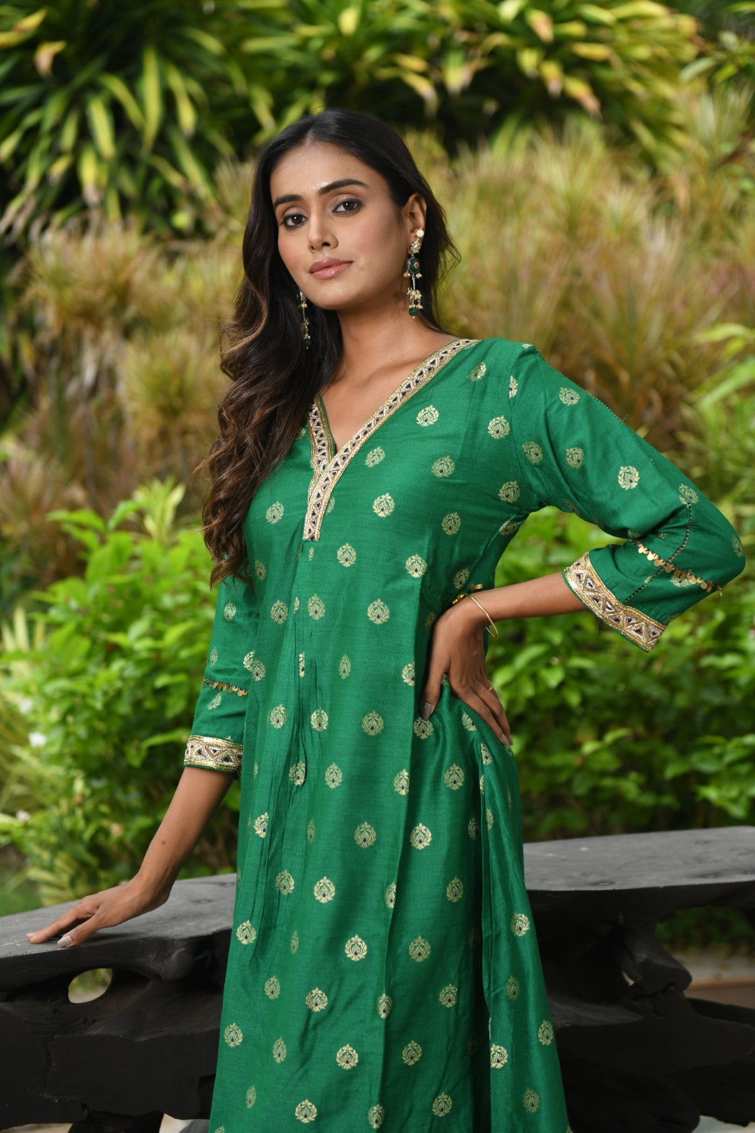 GREEN BANARASI A-LINE RIWAYAT KURTA SET