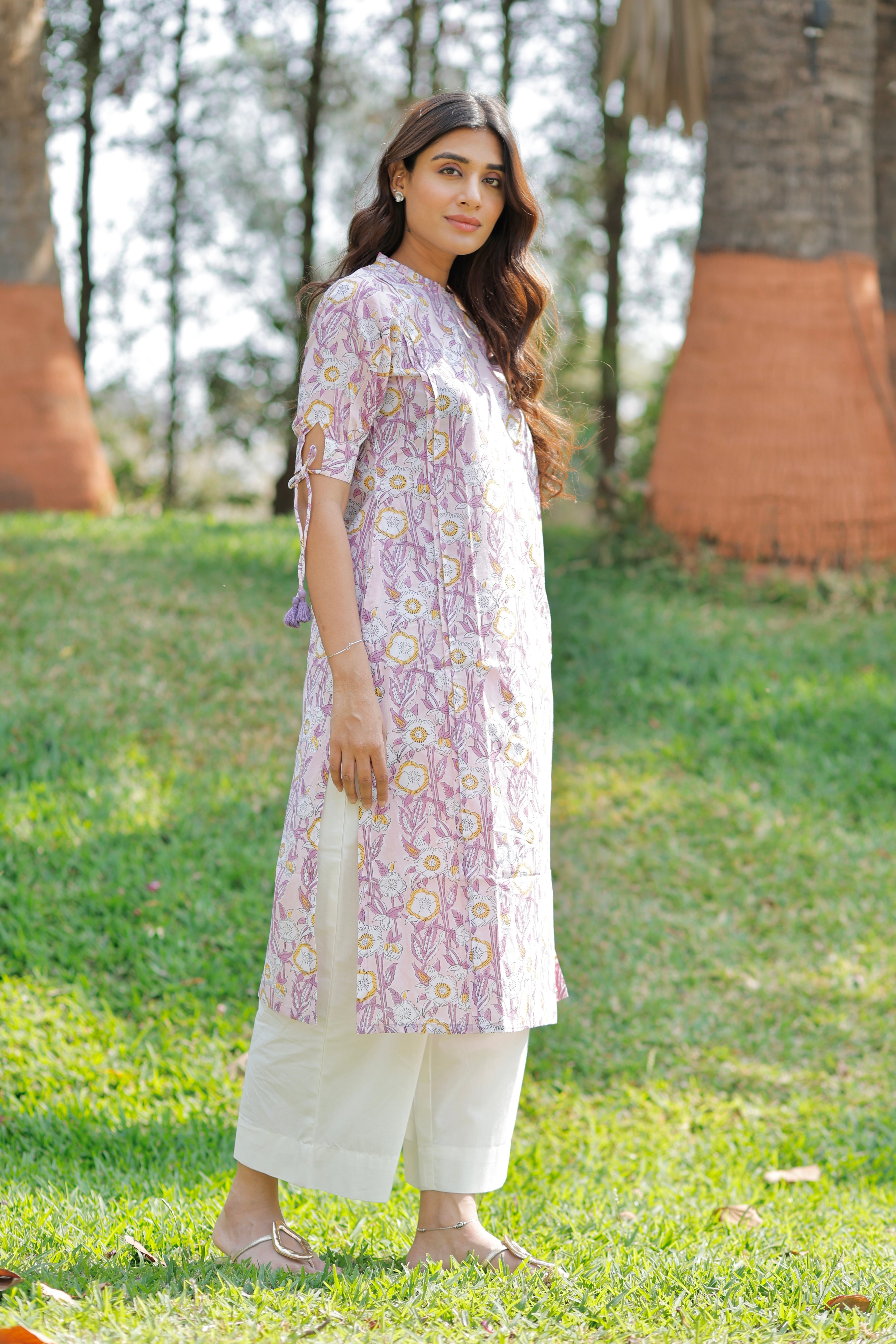 Pink Blossom Hand Block Printed Cotton Kurta