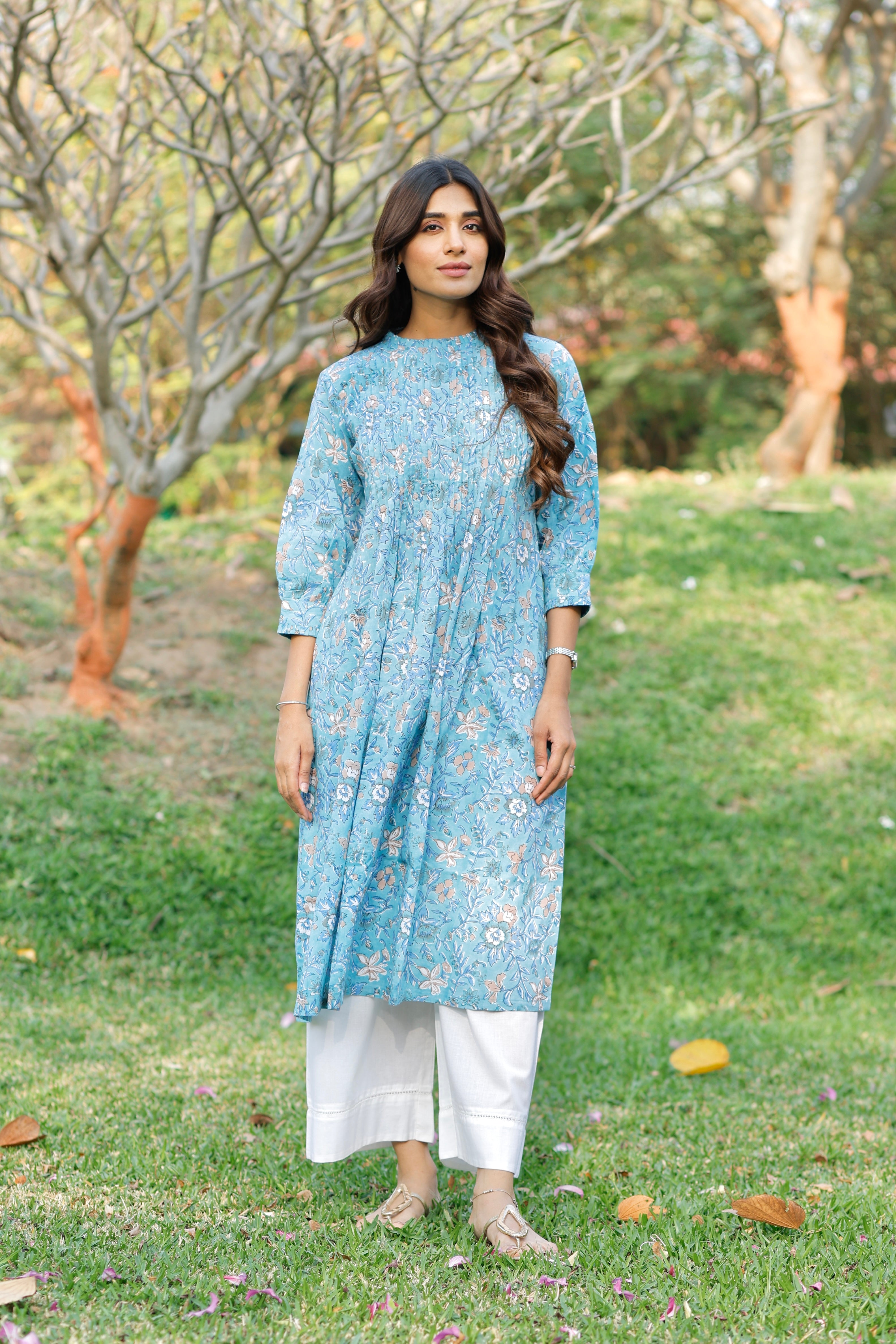 Aqua Blooming Hand Block Printed Cotton Kurta