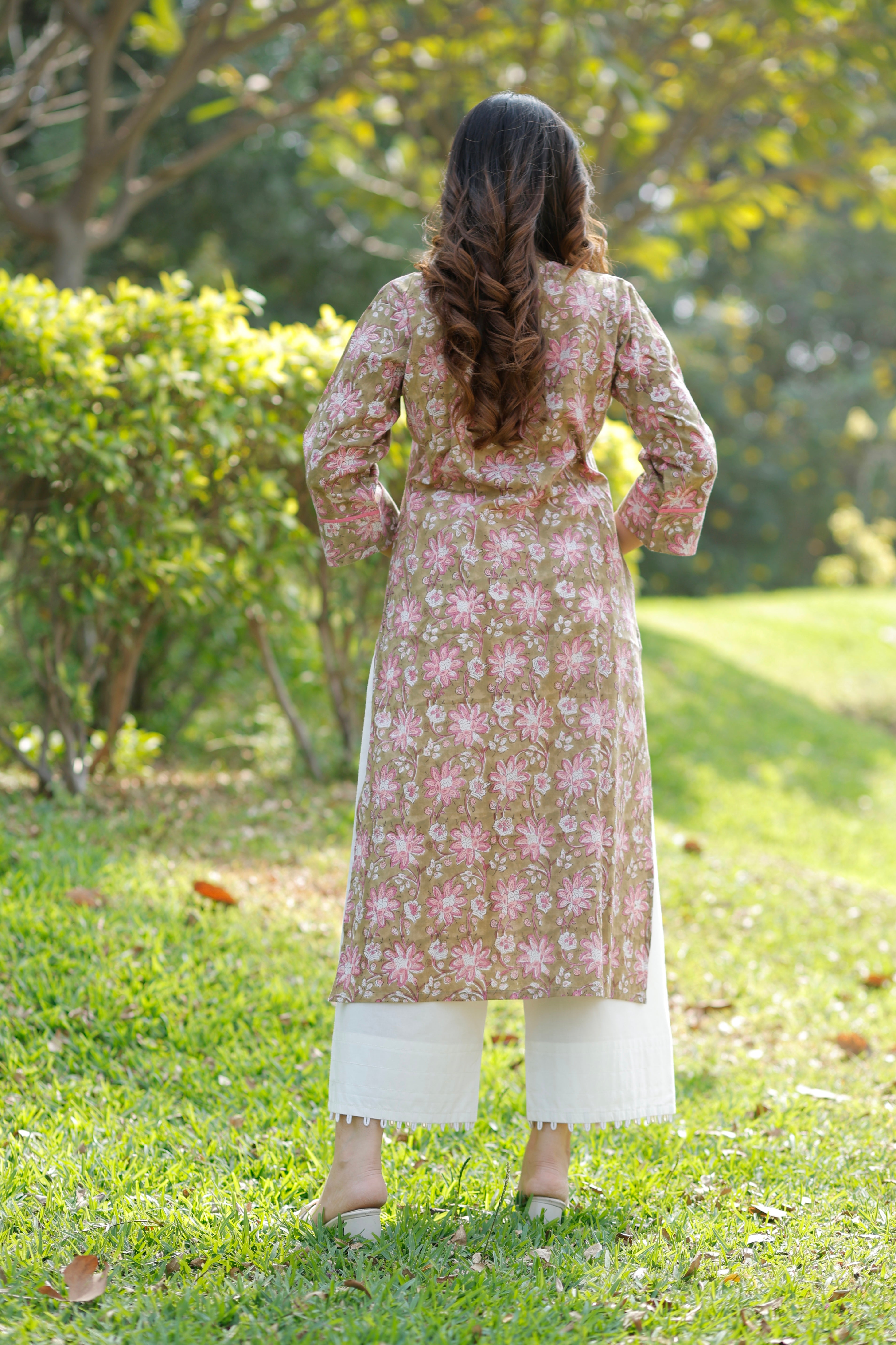 Olive Blush Hand Block Printed Cotton Kurta