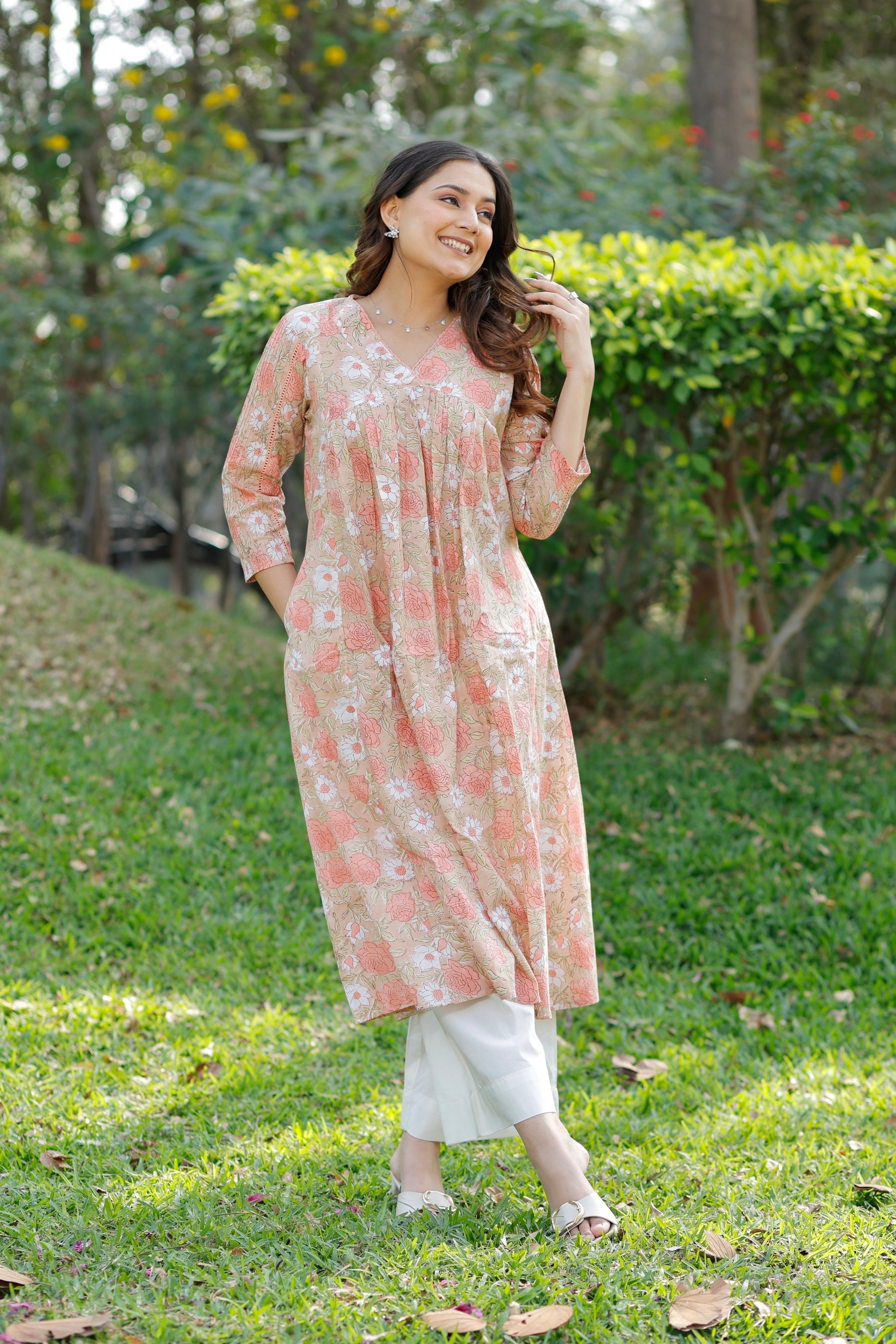 Soft Sand Hand Block Printed Cotton Kurta