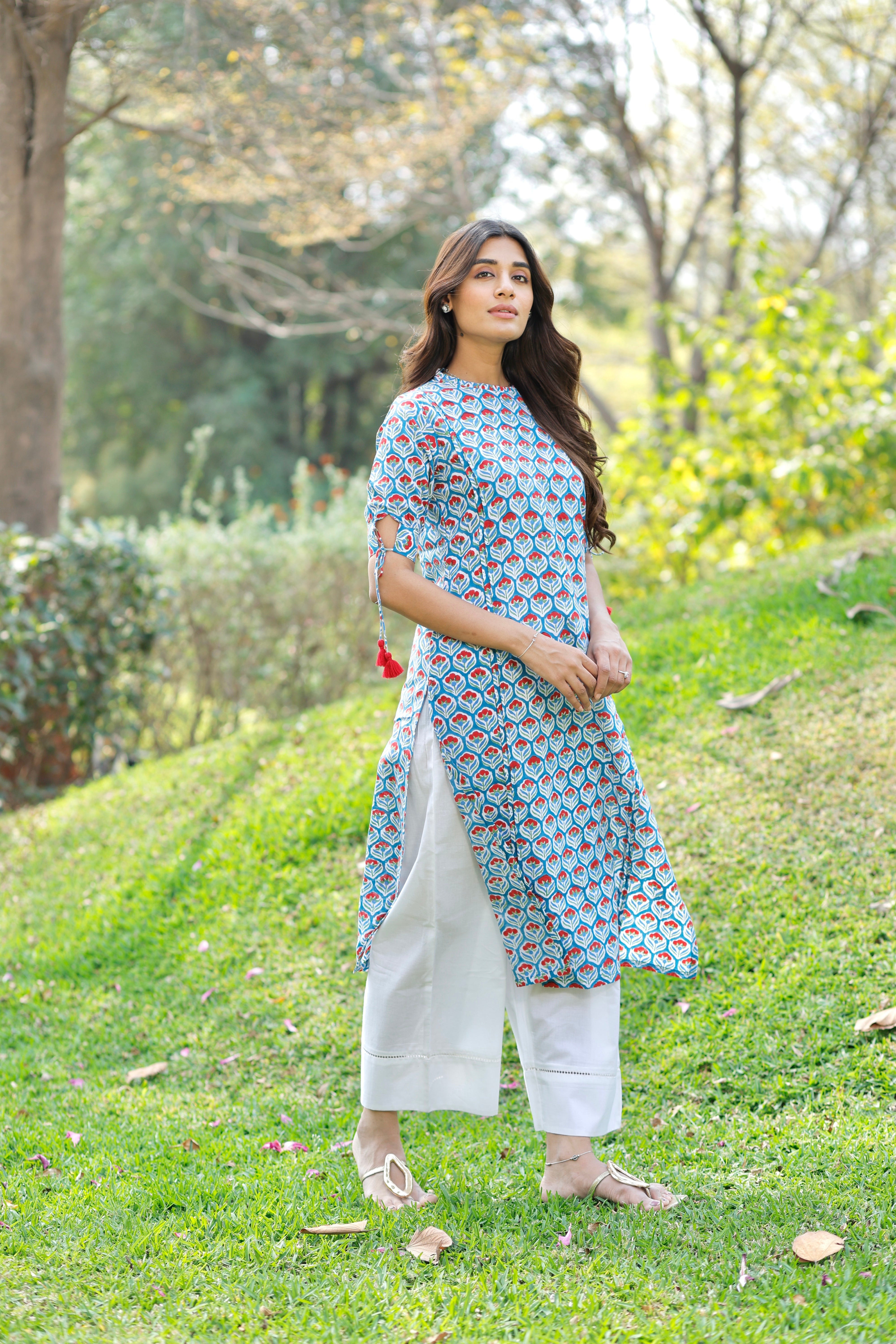 Teal Blue Hand Block Printed Cotton Kurta