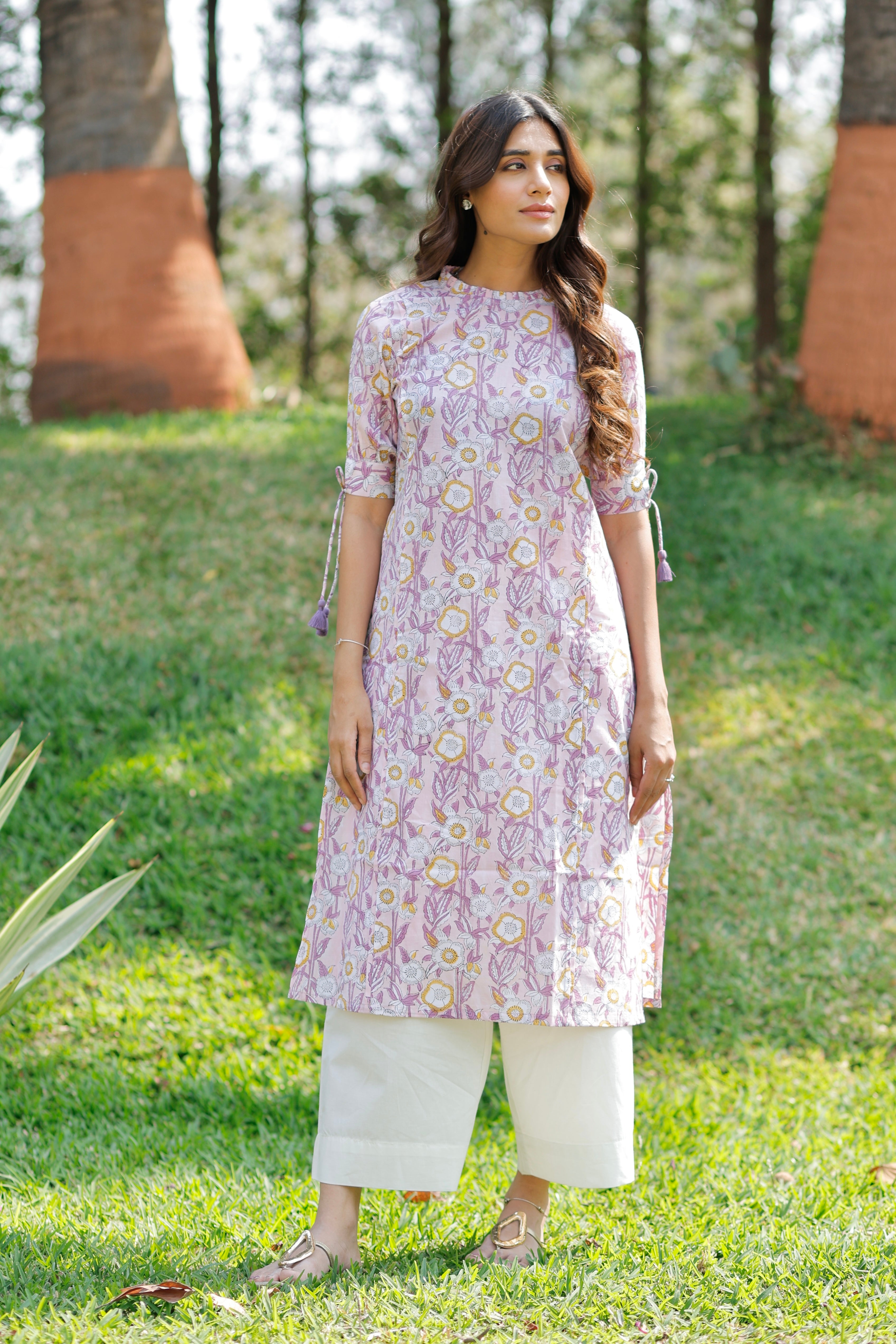 Pink Blossom Hand Block Printed Cotton Kurta
