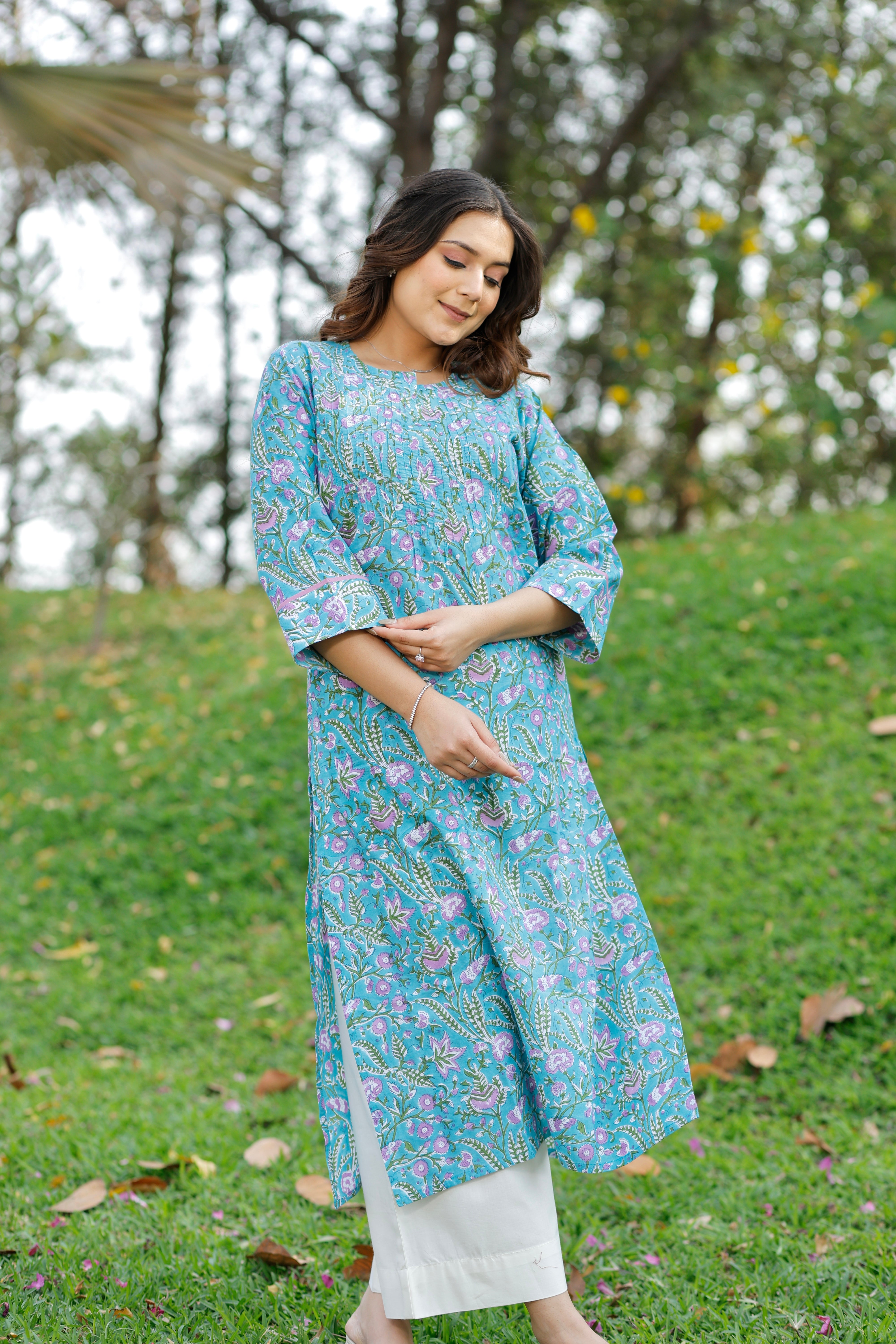 Aqua Bloom Hand Block Printed Cotton Kurta