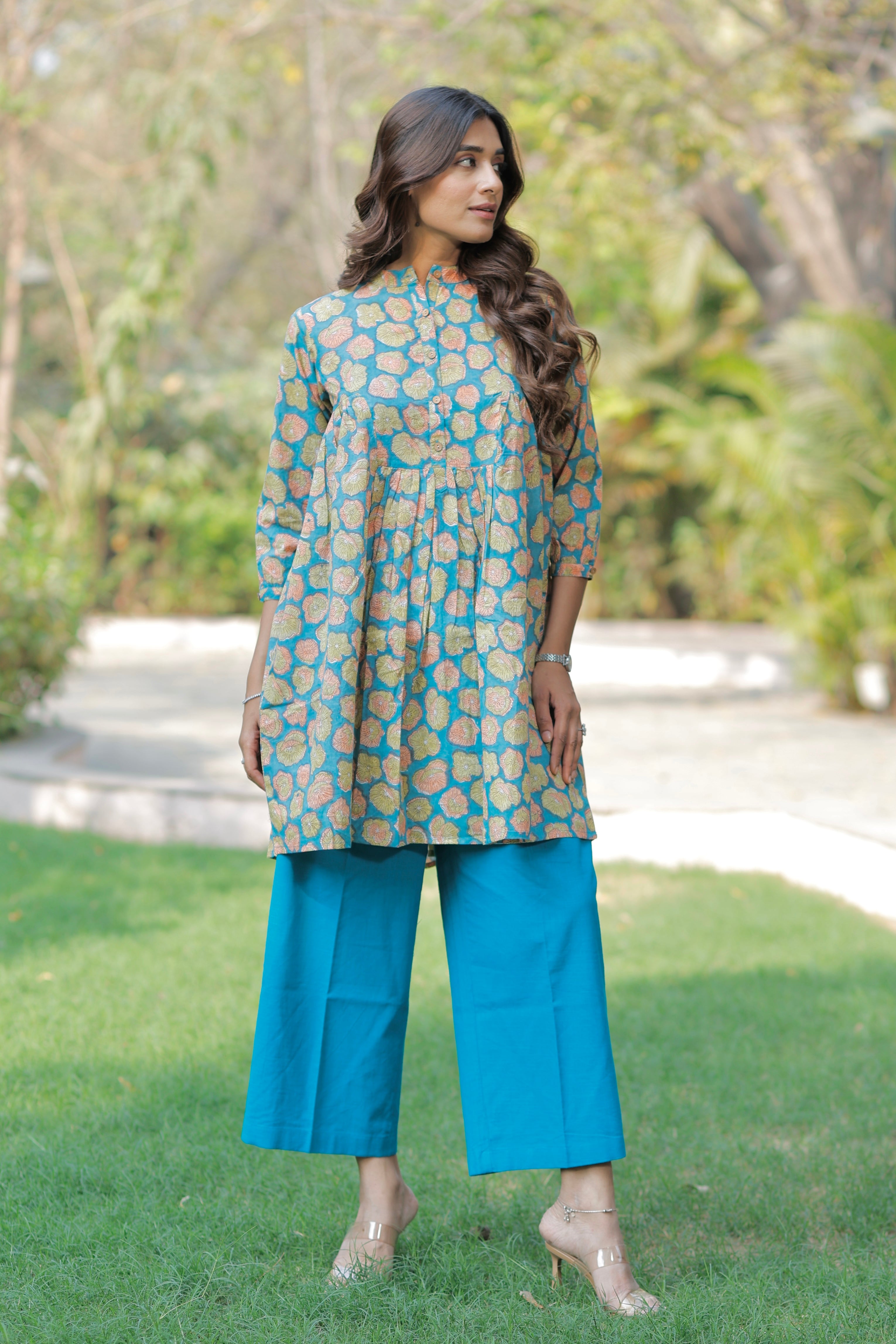 Teal Blossom Hand Block Printed Cotton Co-ord set