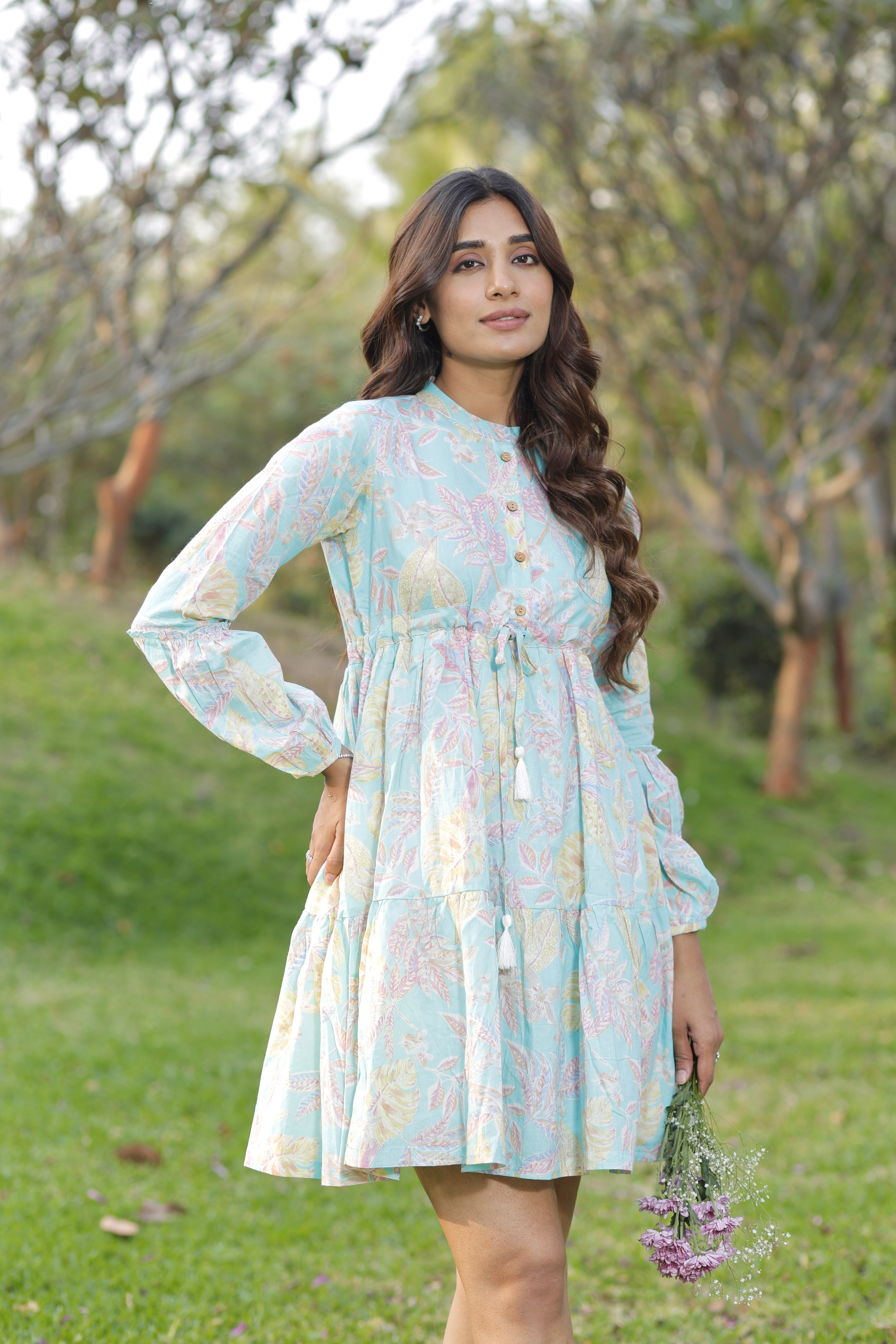 Misty Sky Cotton Printed Short Dress