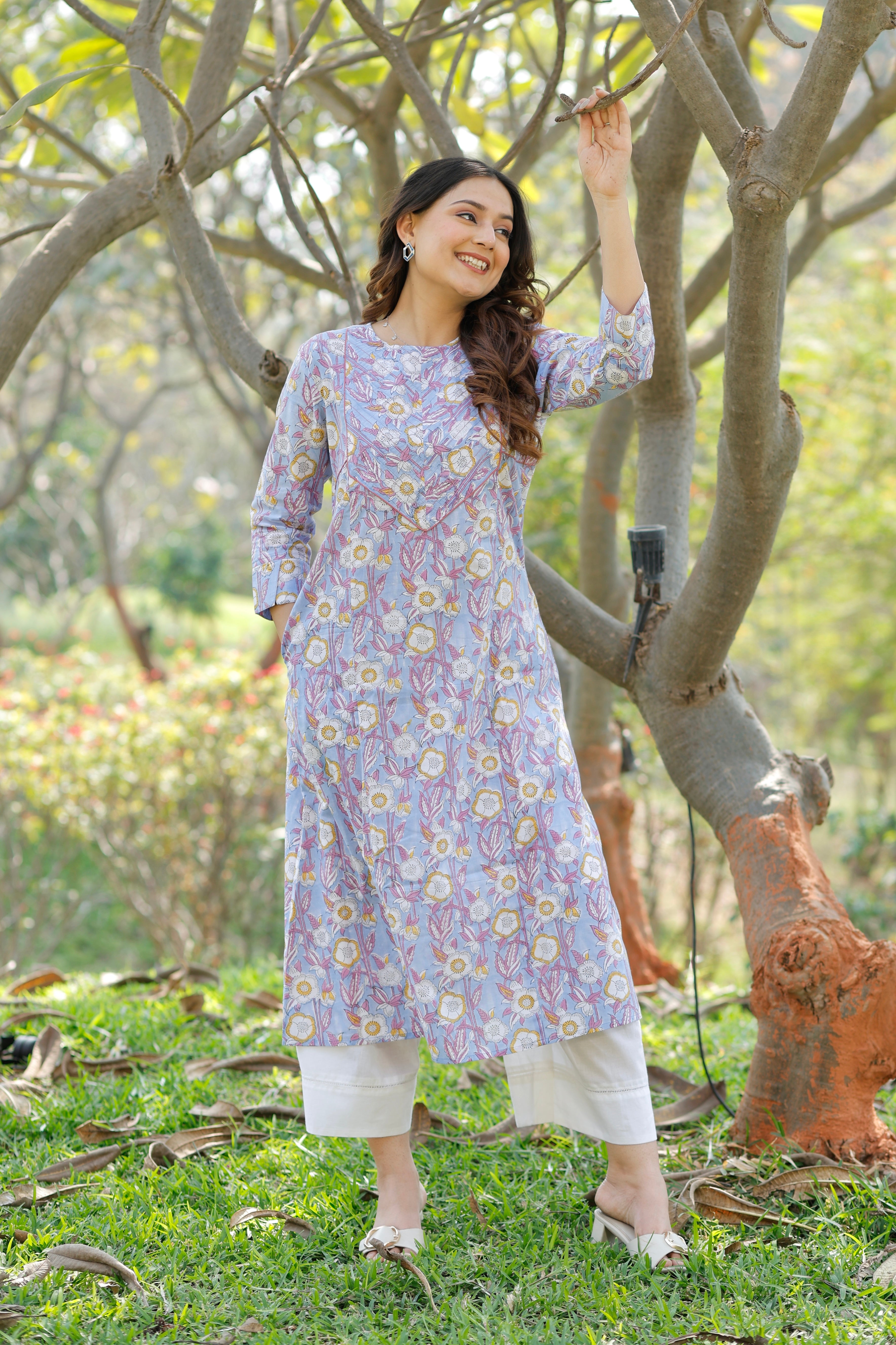 Soft Lavender Hand Block Printed Cotton Kurta