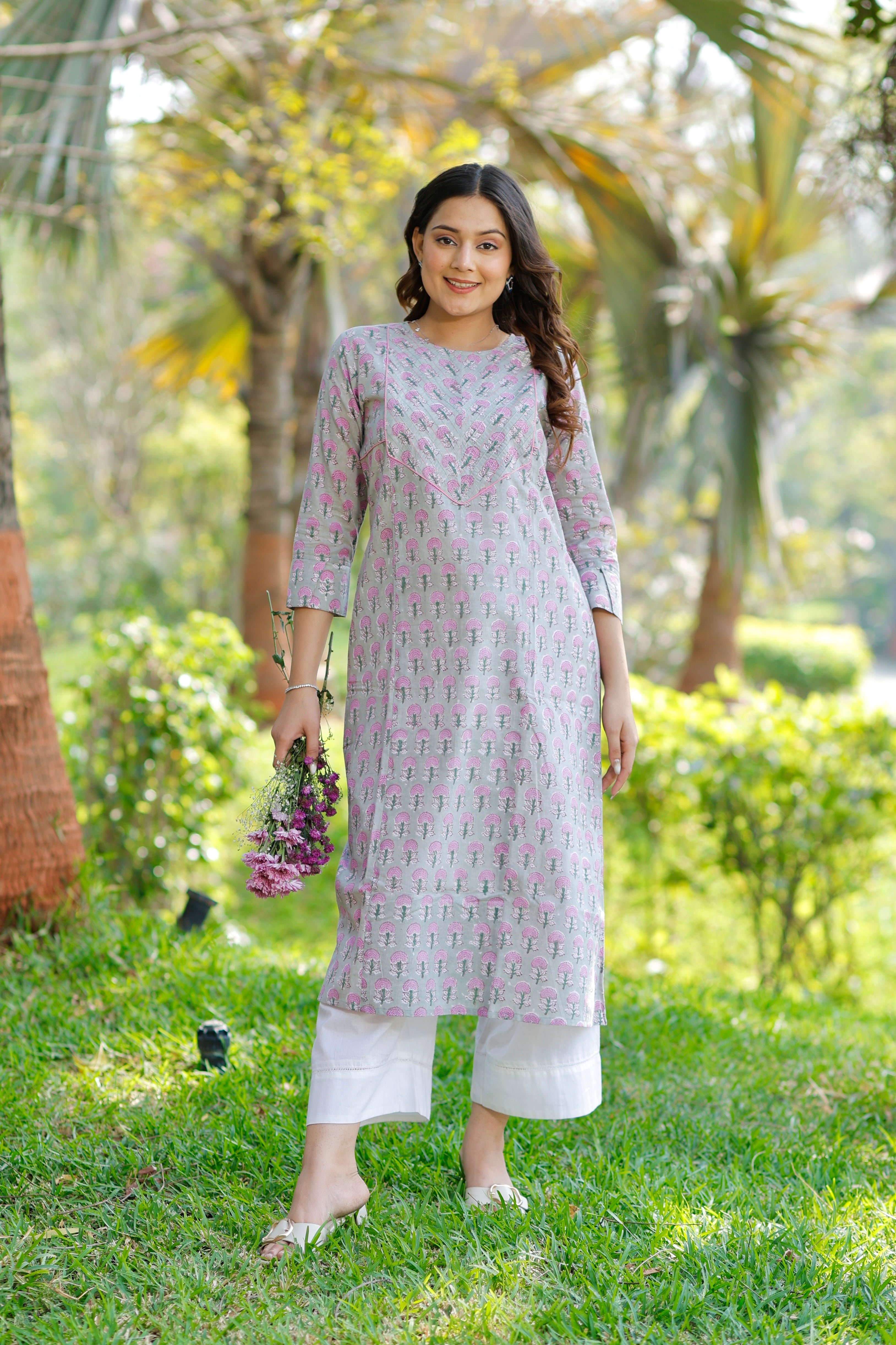 Blossom Sage Grey Hand Block Printed Cotton Kurta