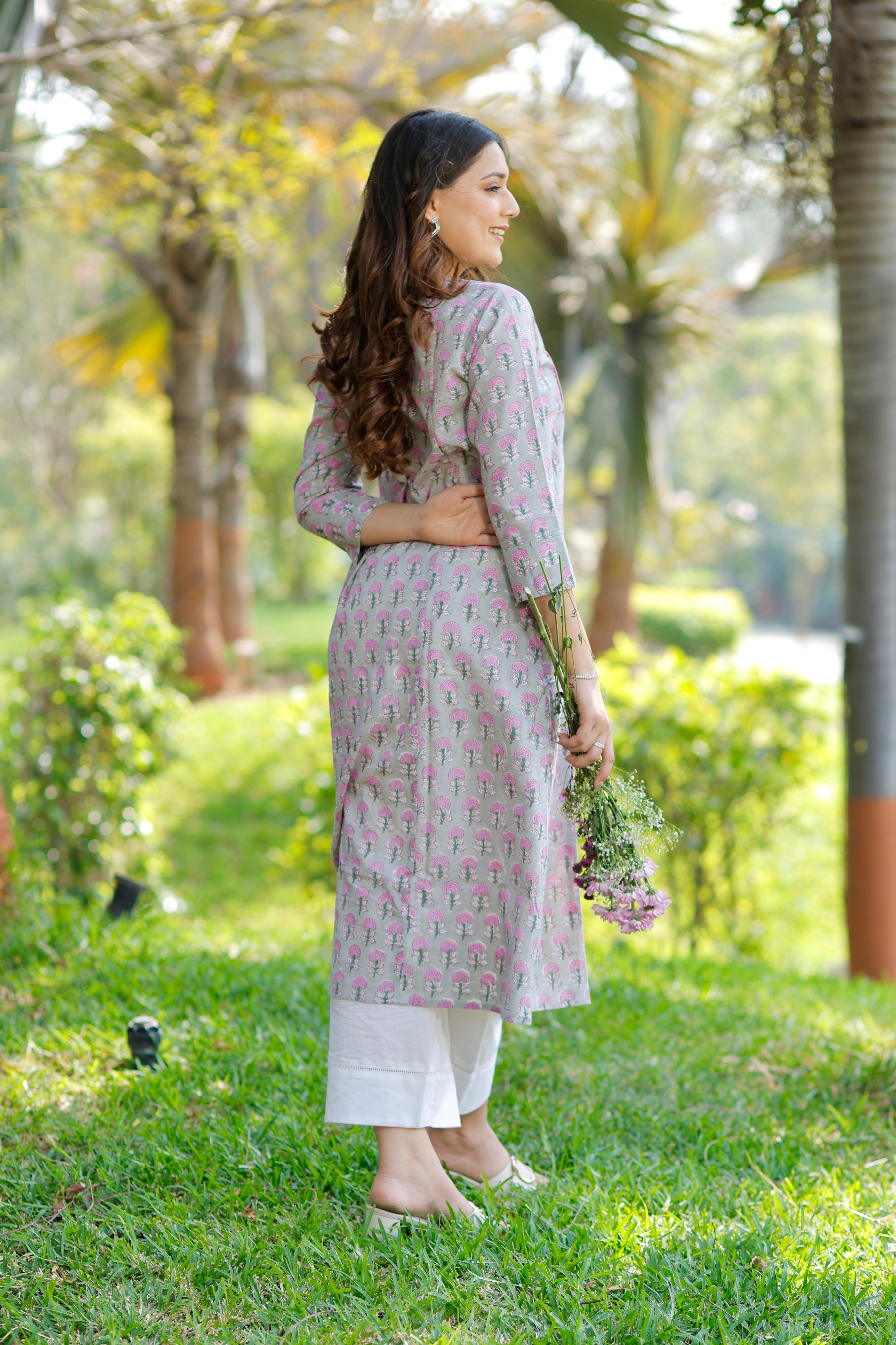 Blossom Sage Grey Hand Block Printed Cotton Kurta