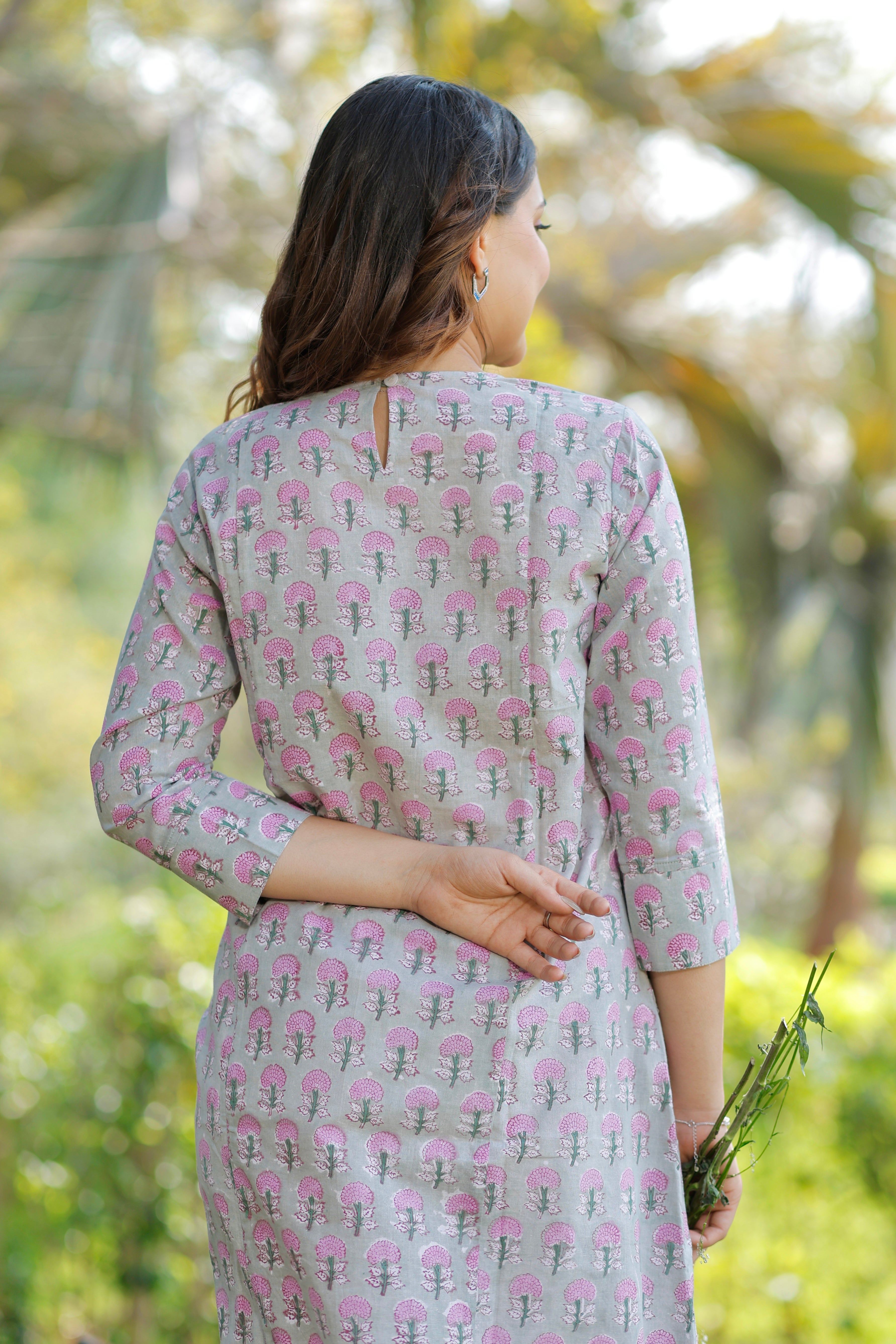 Blossom Sage Grey Hand Block Printed Cotton Kurta