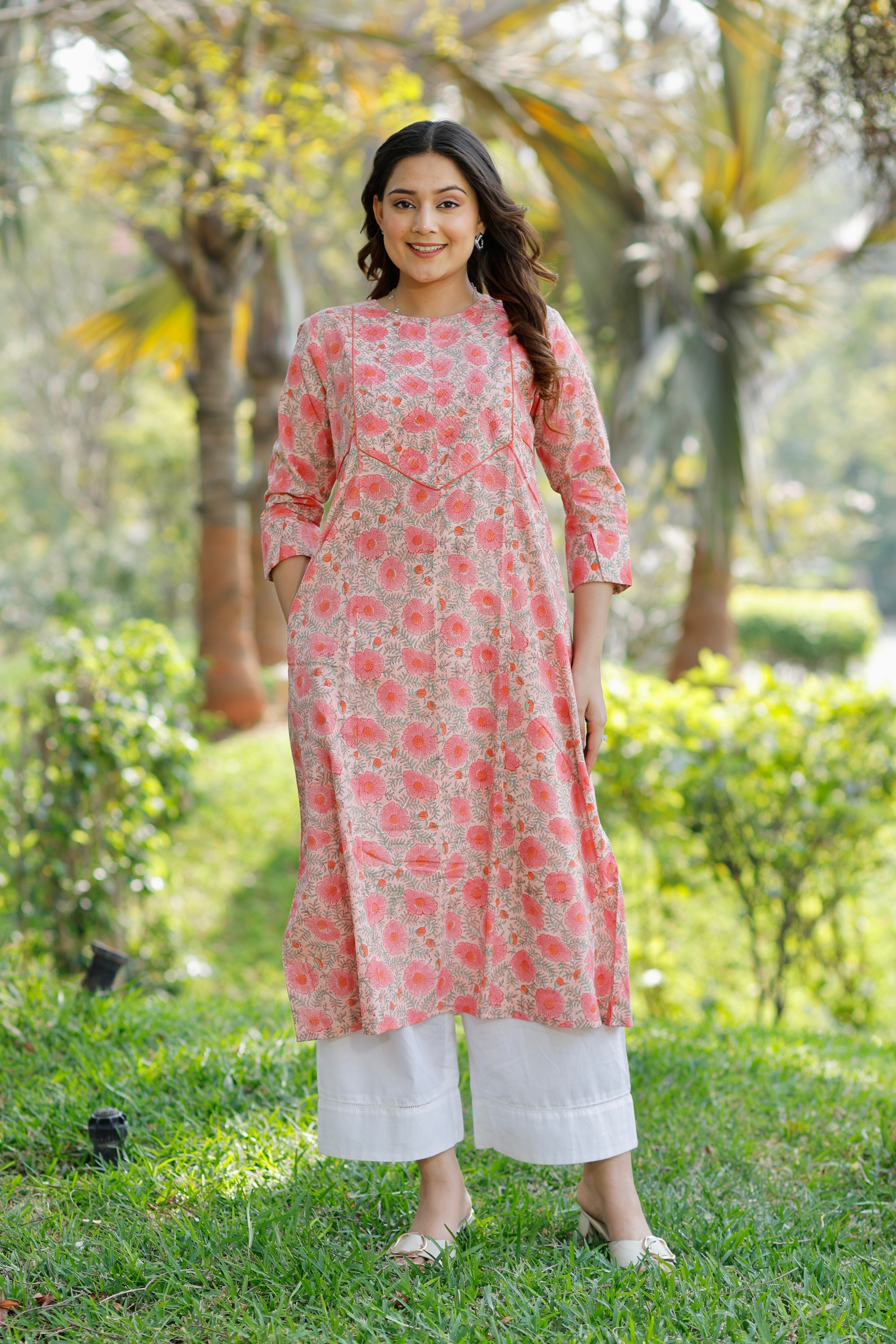 Sweet Coral Hand Block Printed Cotton Kurta