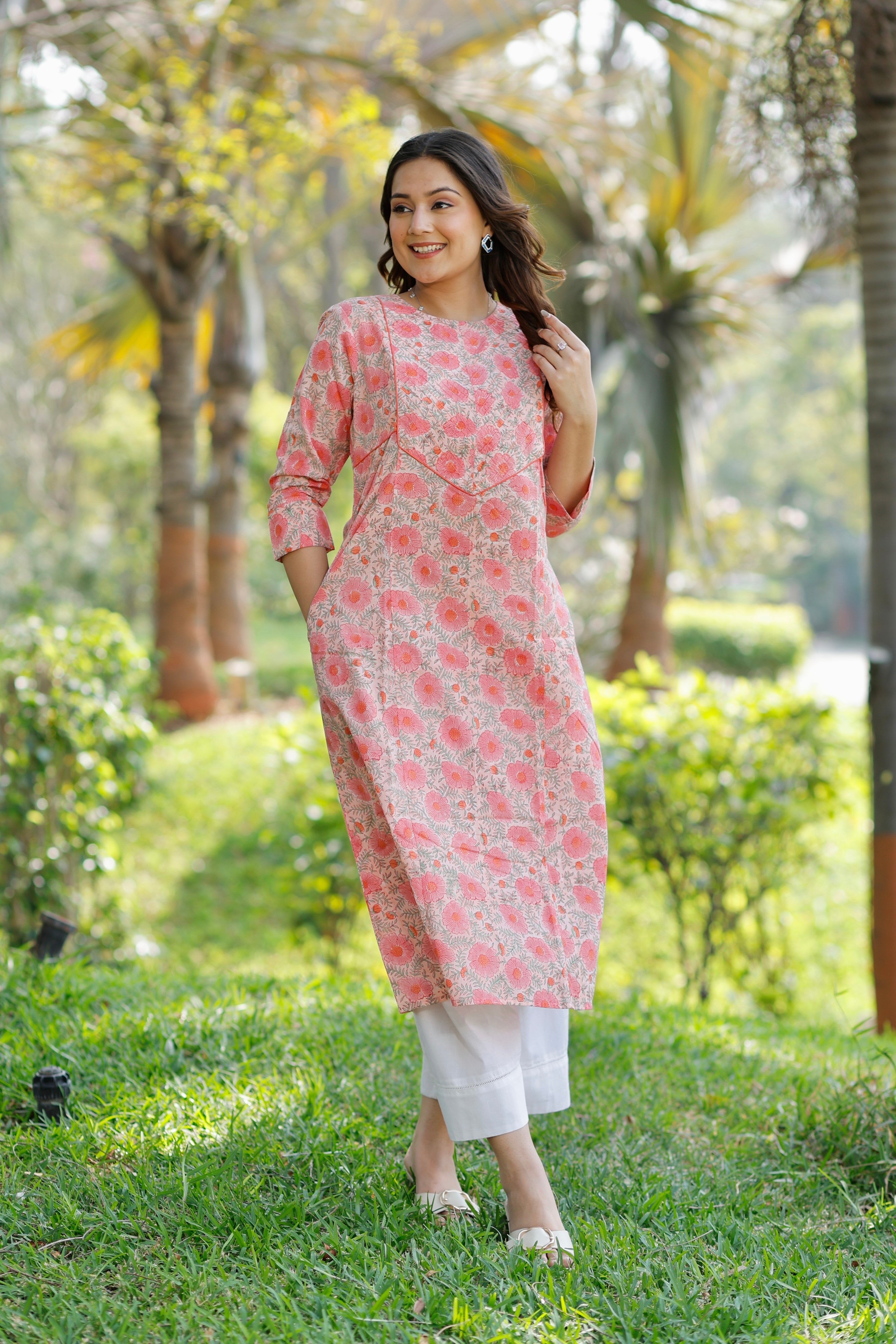 Sweet Coral Hand Block Printed Cotton Kurta