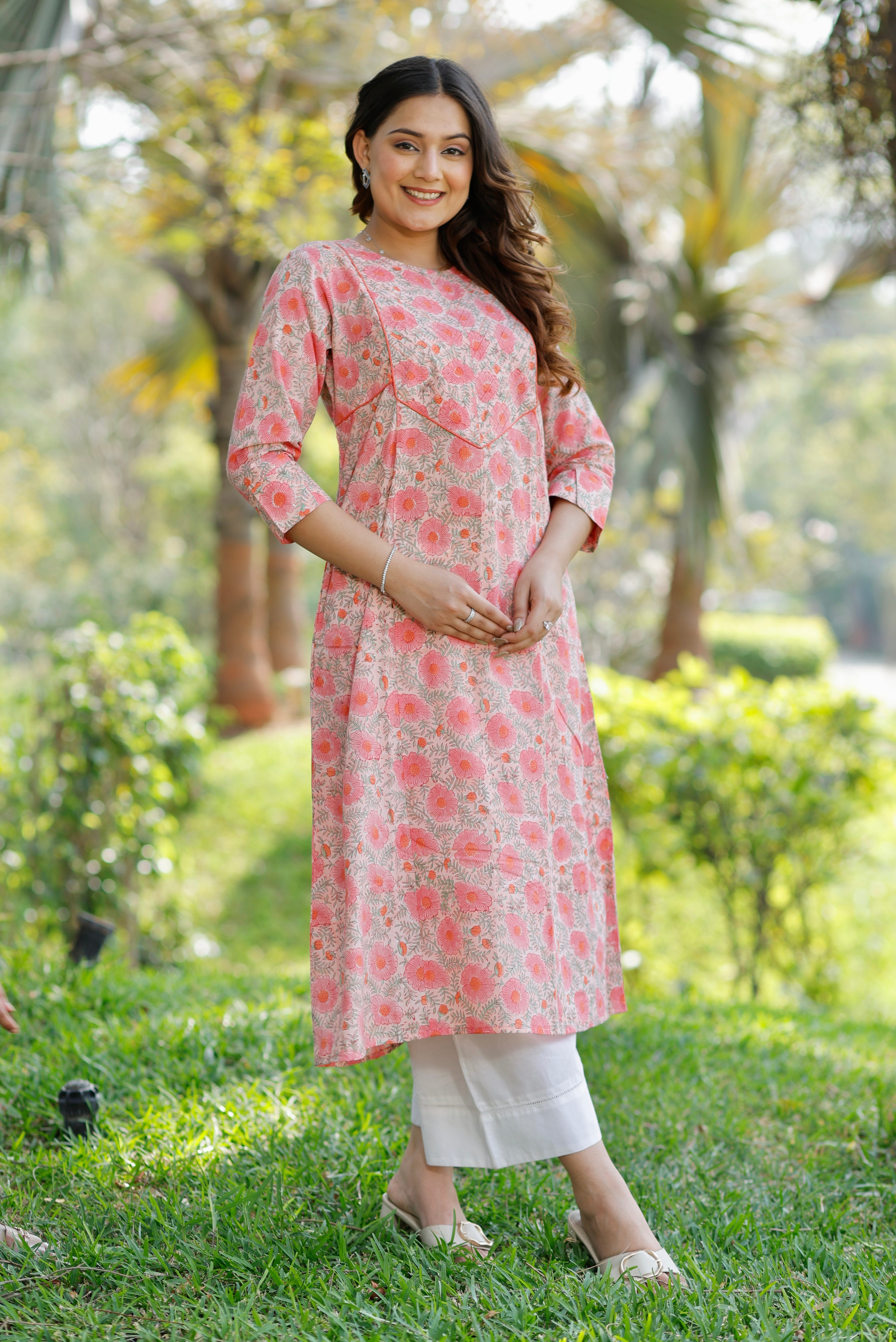 Sweet Coral Hand Block Printed Cotton Kurta