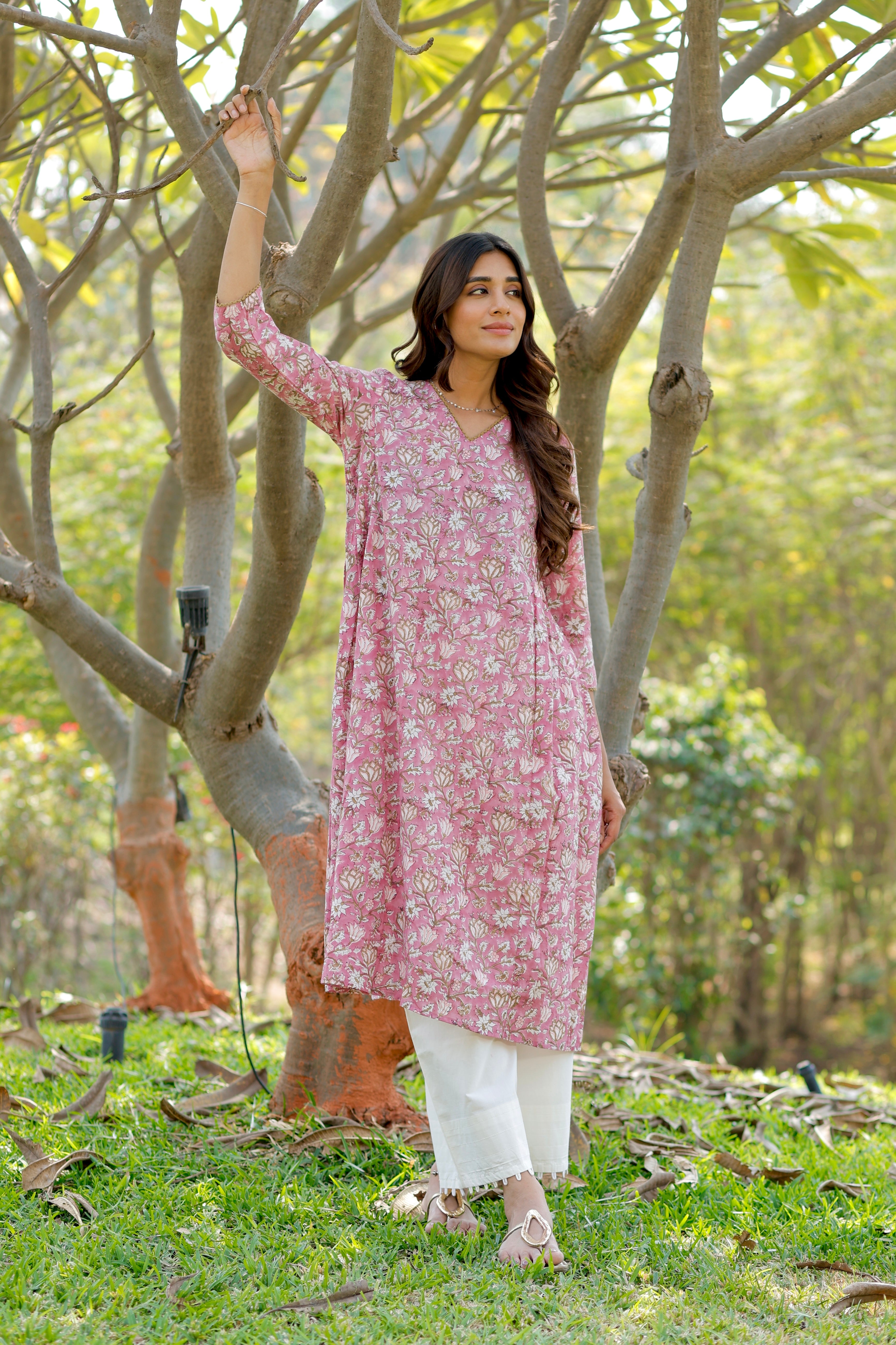Mauve pink Hand Block Printed Cotton Kurta