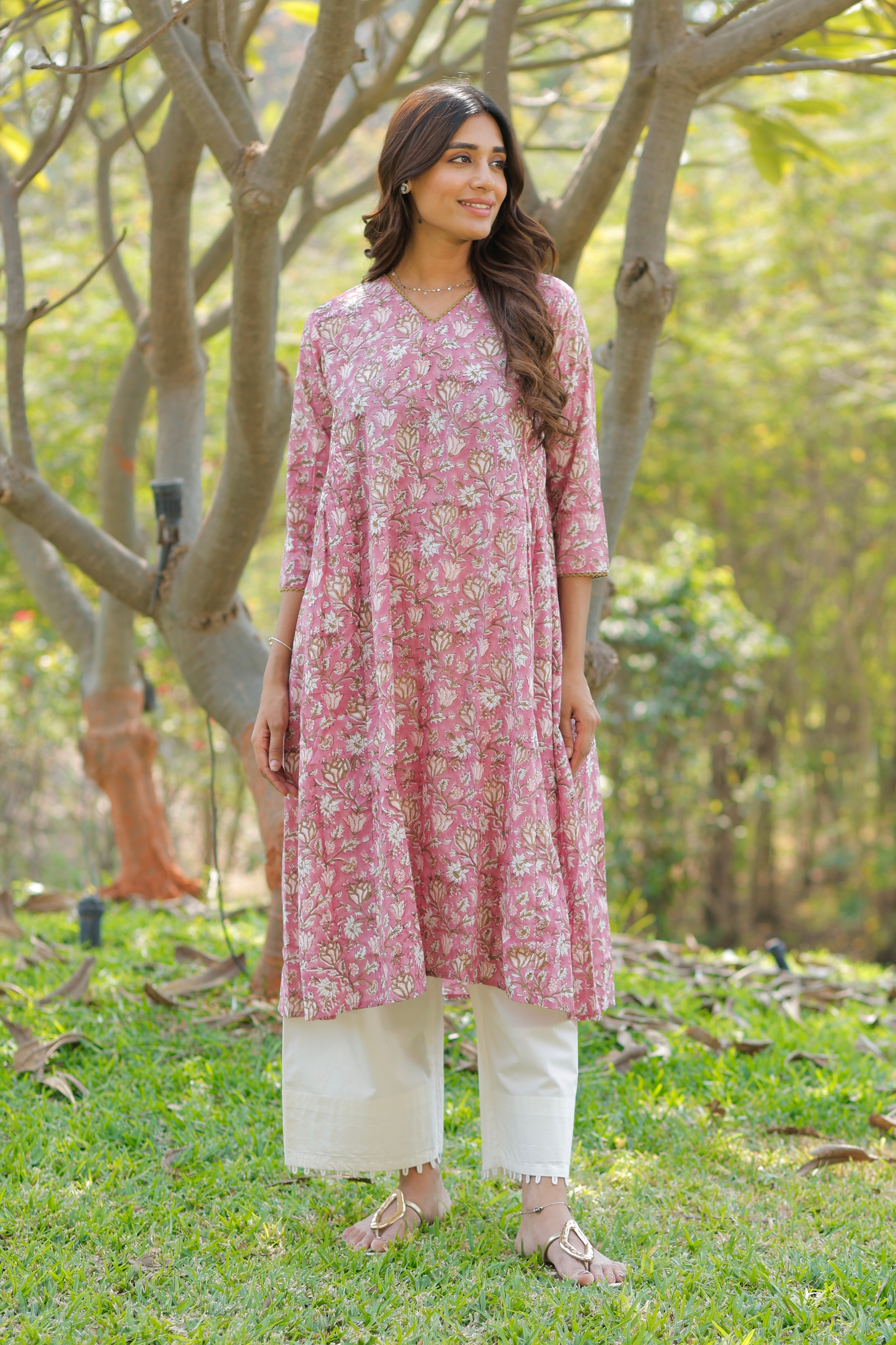 Mauve pink Hand Block Printed Cotton Kurta
