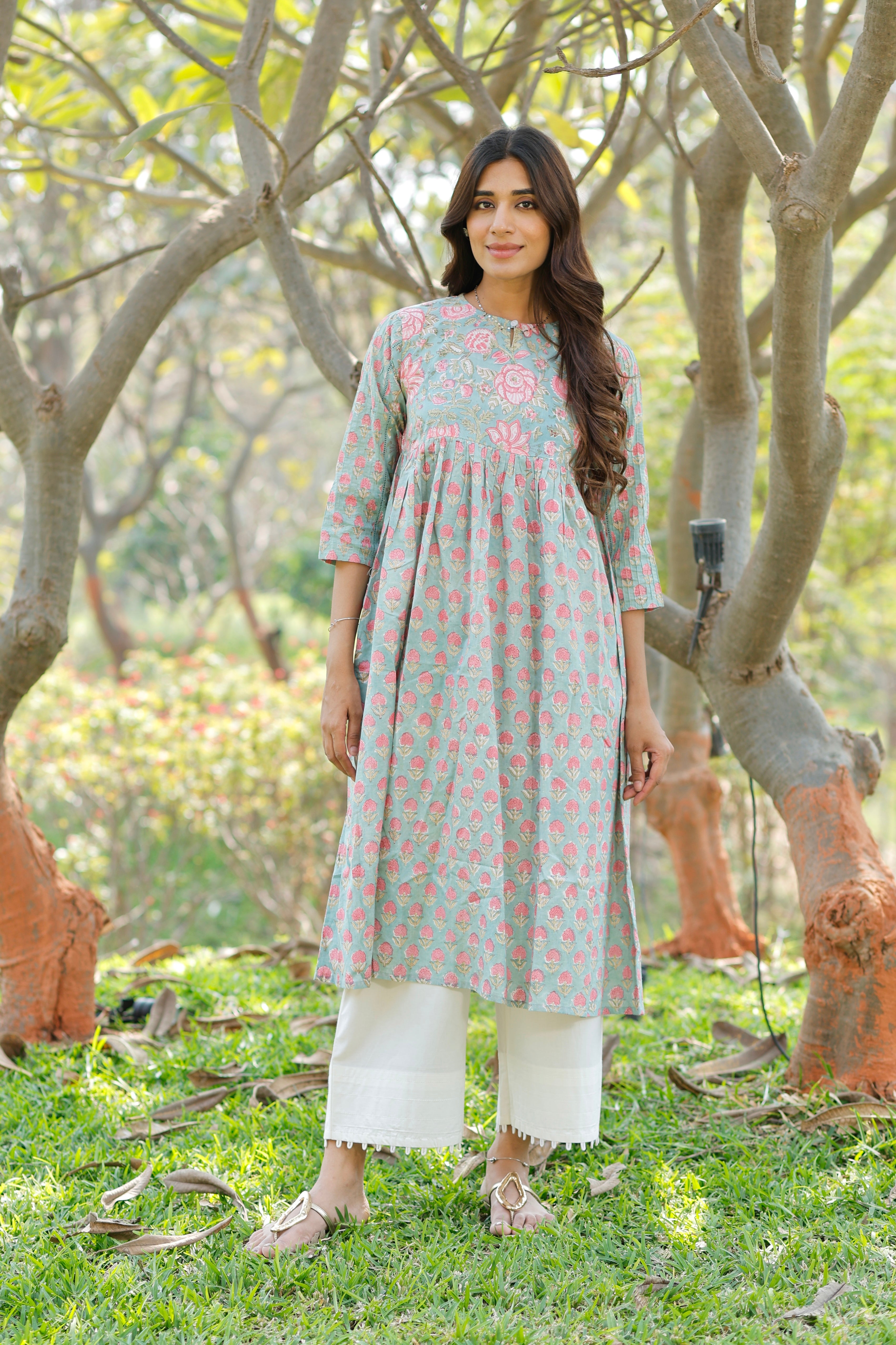 Sweet Blush Blue Hand Block Printed Cotton Kurta