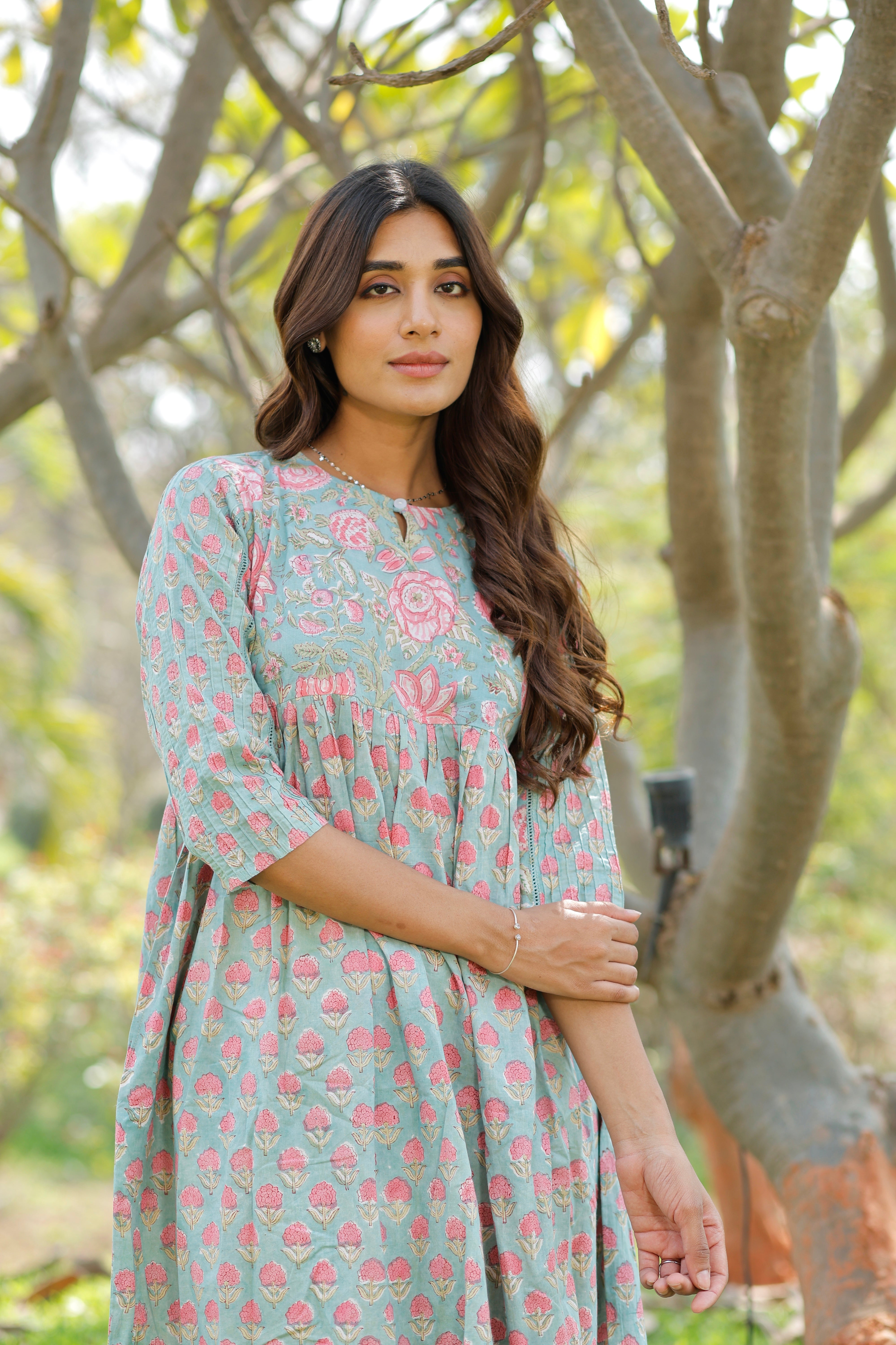 Sweet Blush Blue Hand Block Printed Cotton Kurta