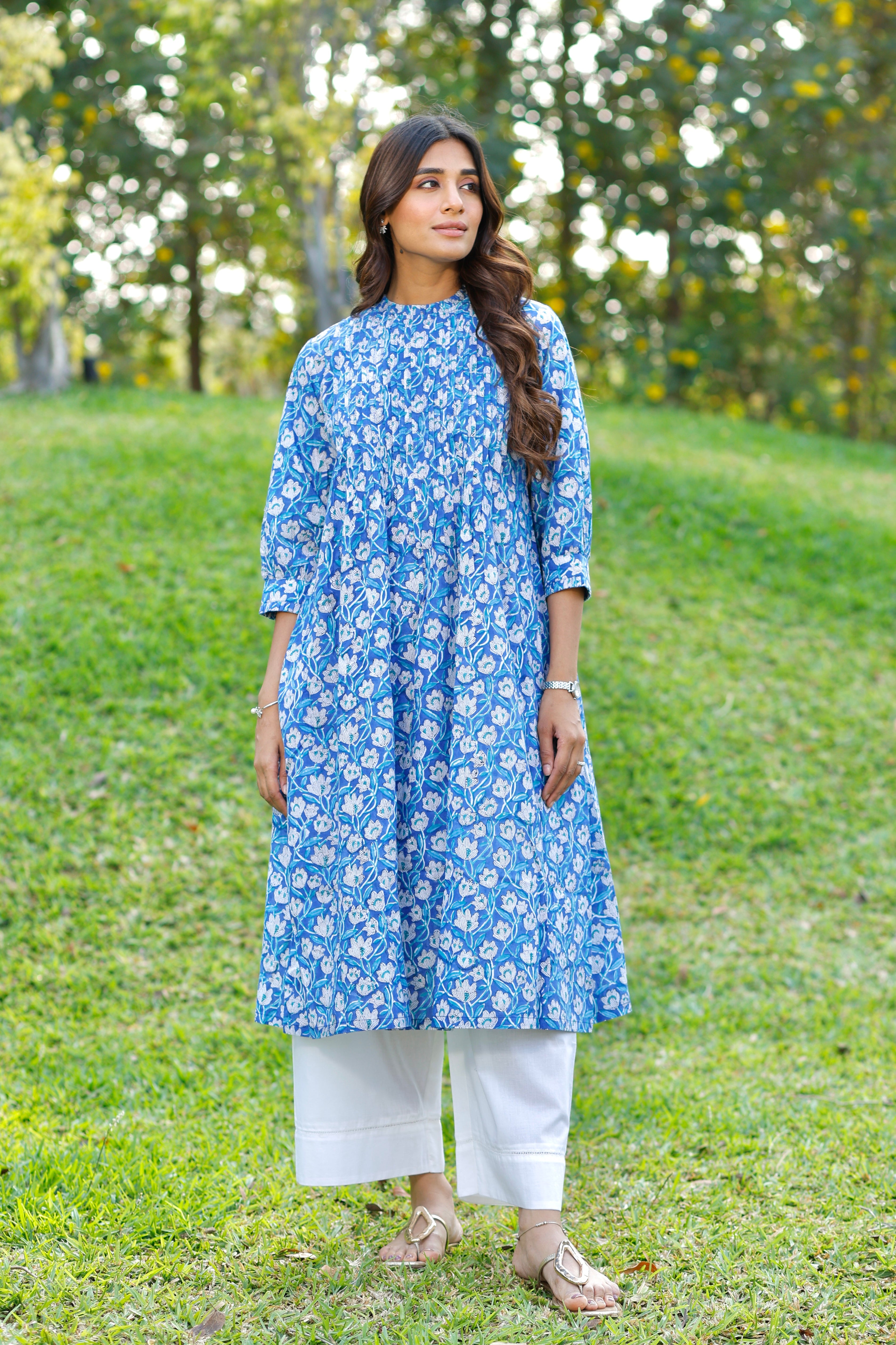 Blooming Blue Hand Block Printed Cotton Kurta
