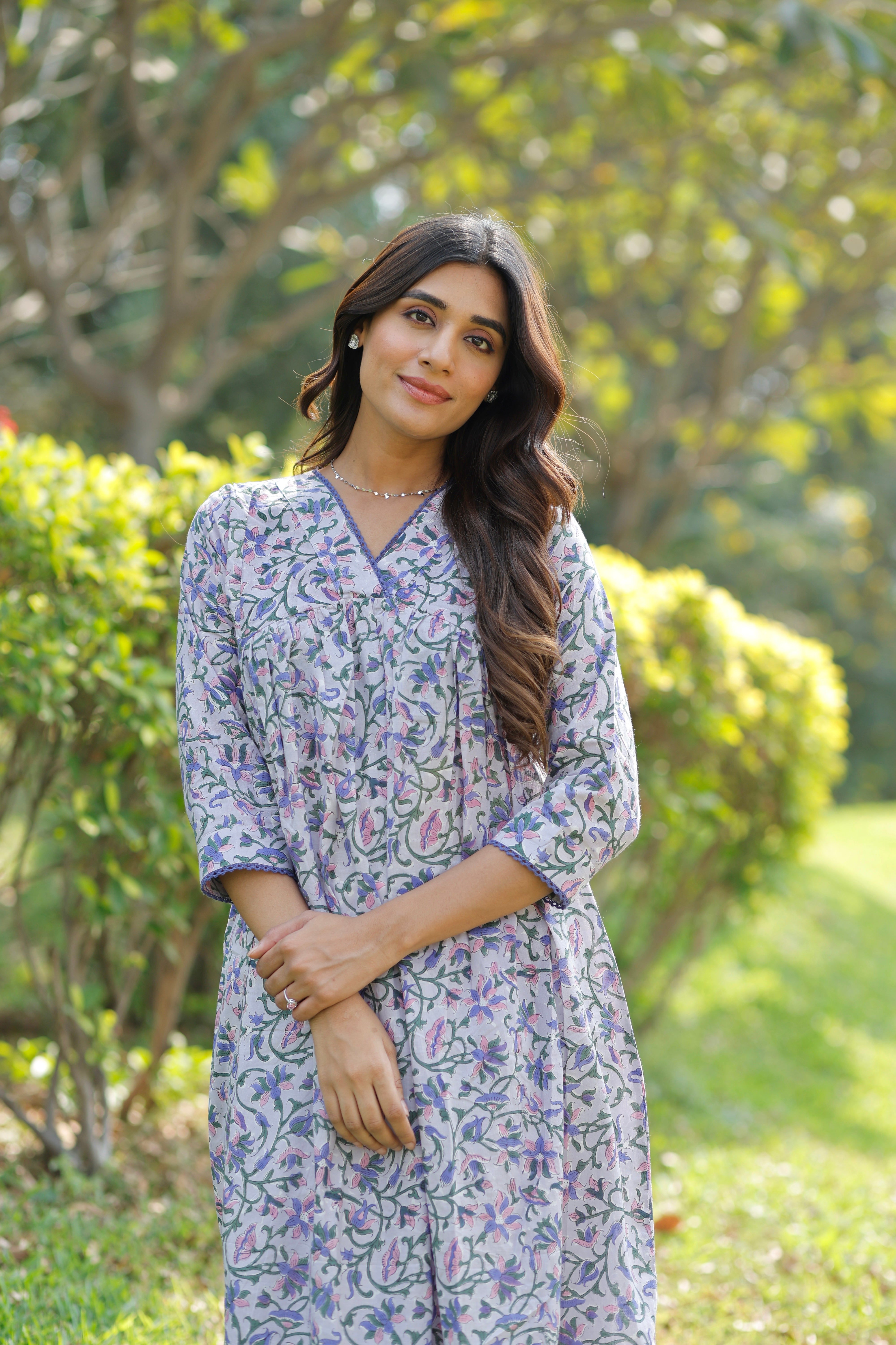 Blooming Lavender Hand Block Printed Cotton Kurta