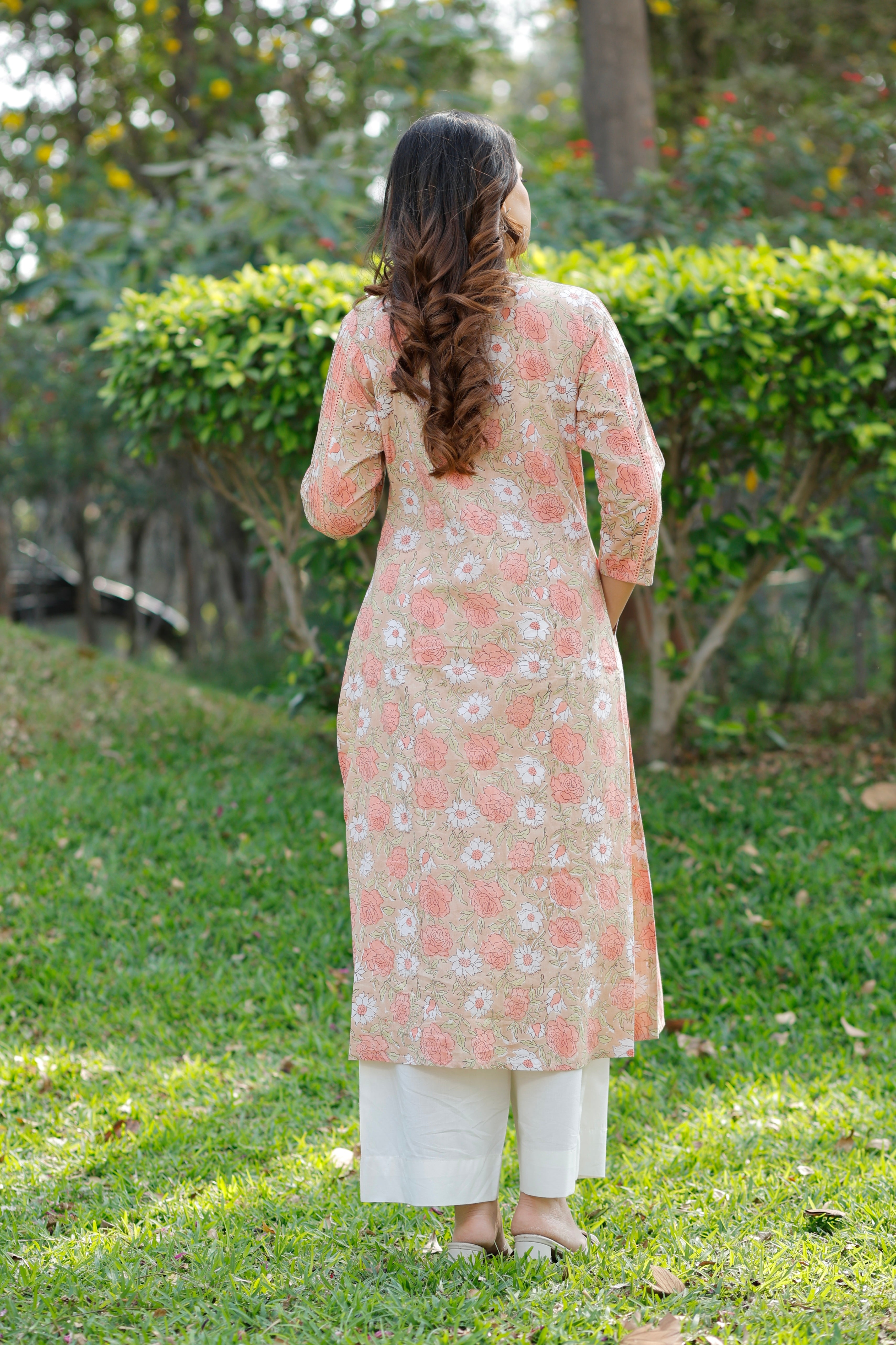 Soft Sand Hand Block Printed Cotton Kurta