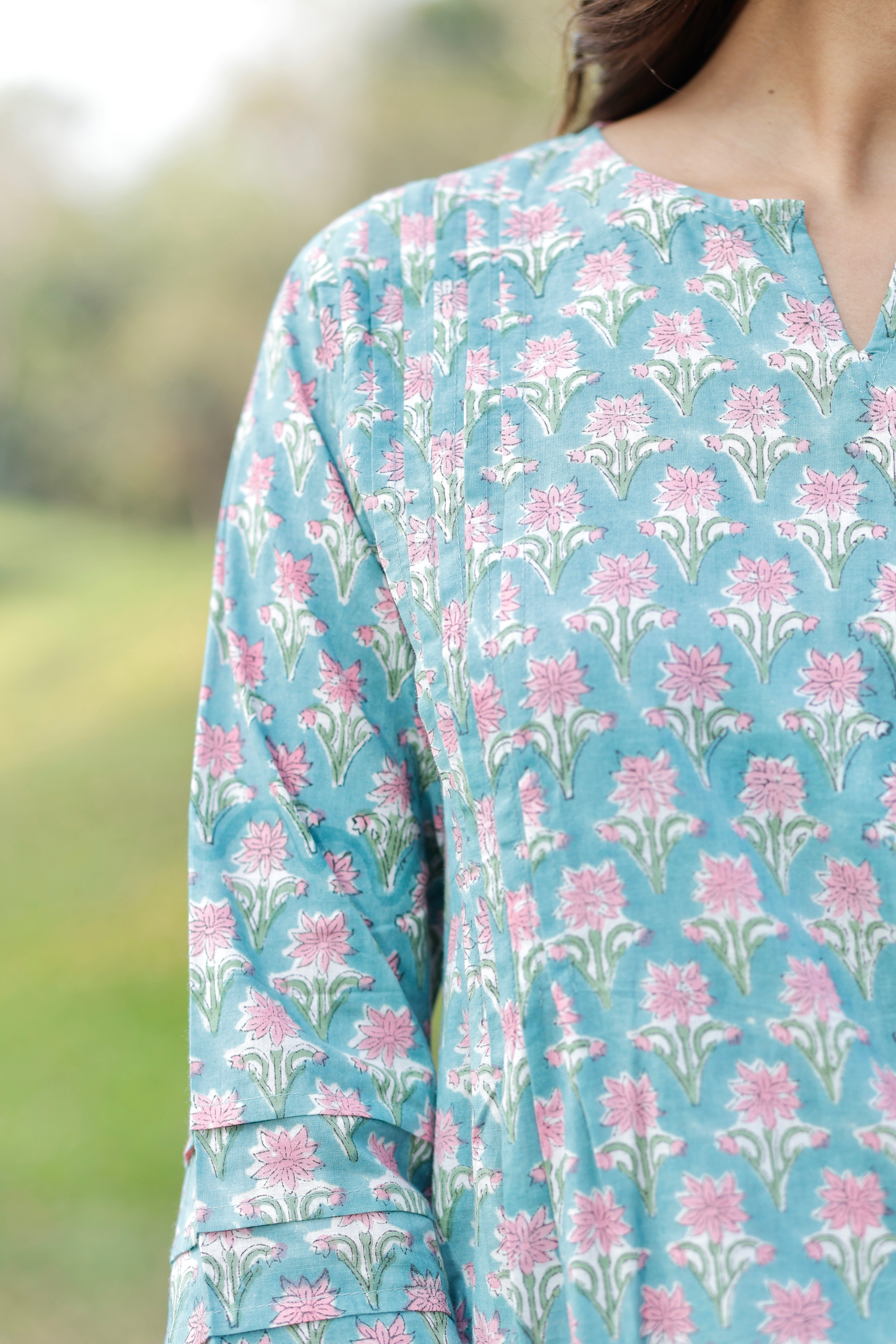 Soft Aqua blue Hand Block Printed Cotton Kurta