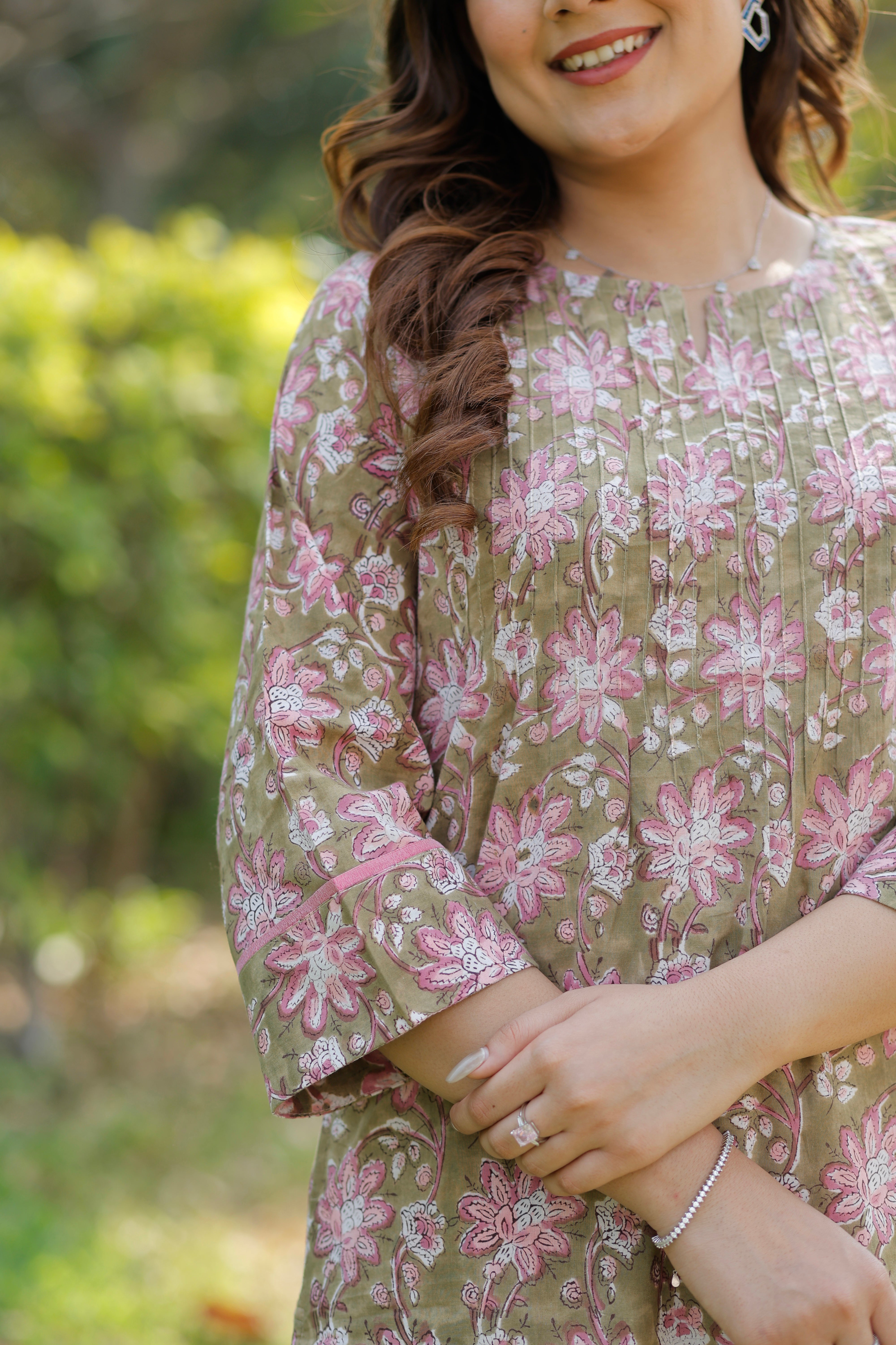 Olive Blush Hand Block Printed Cotton Kurta