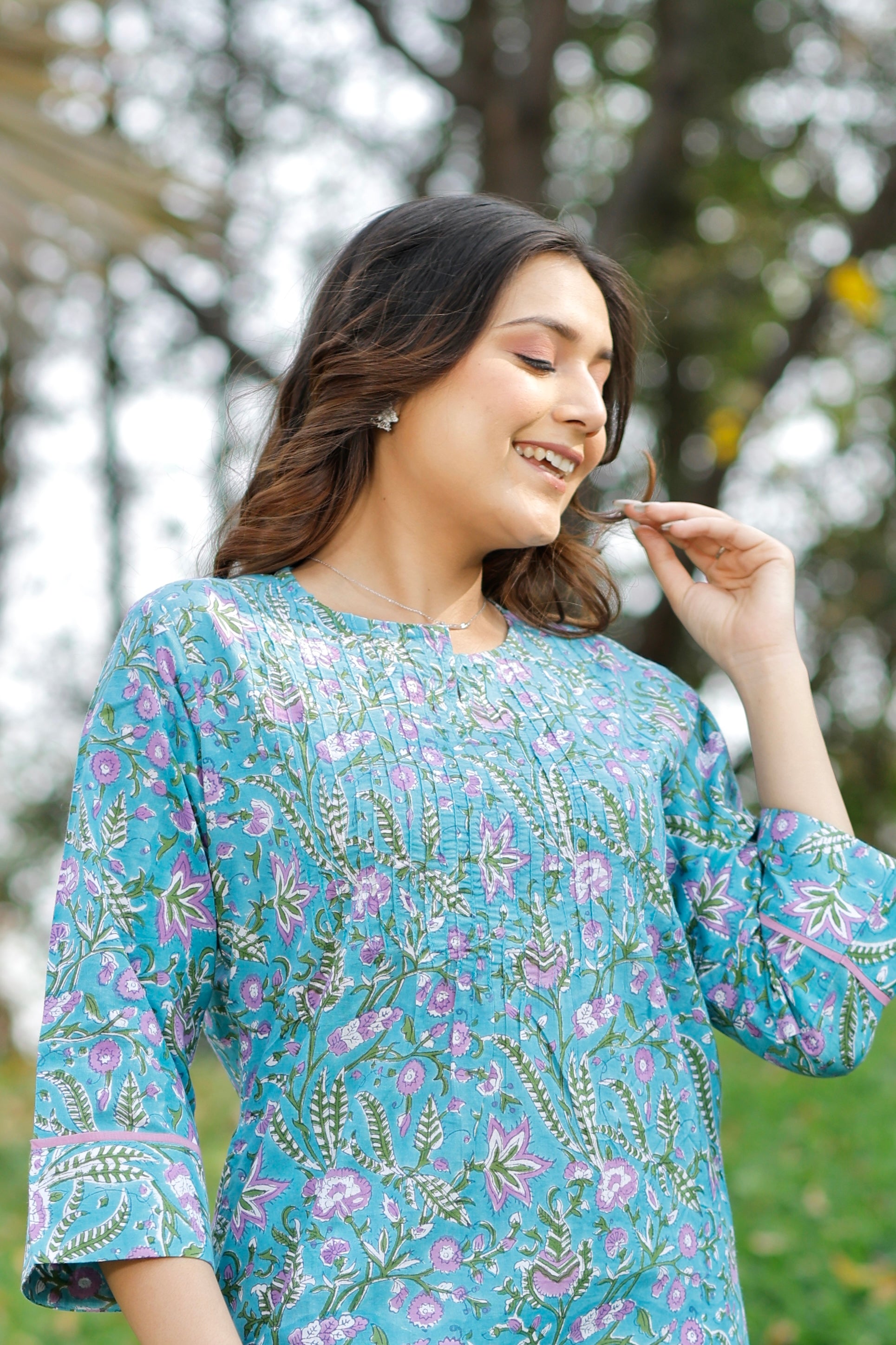 Aqua Bloom Hand Block Printed Cotton Kurta