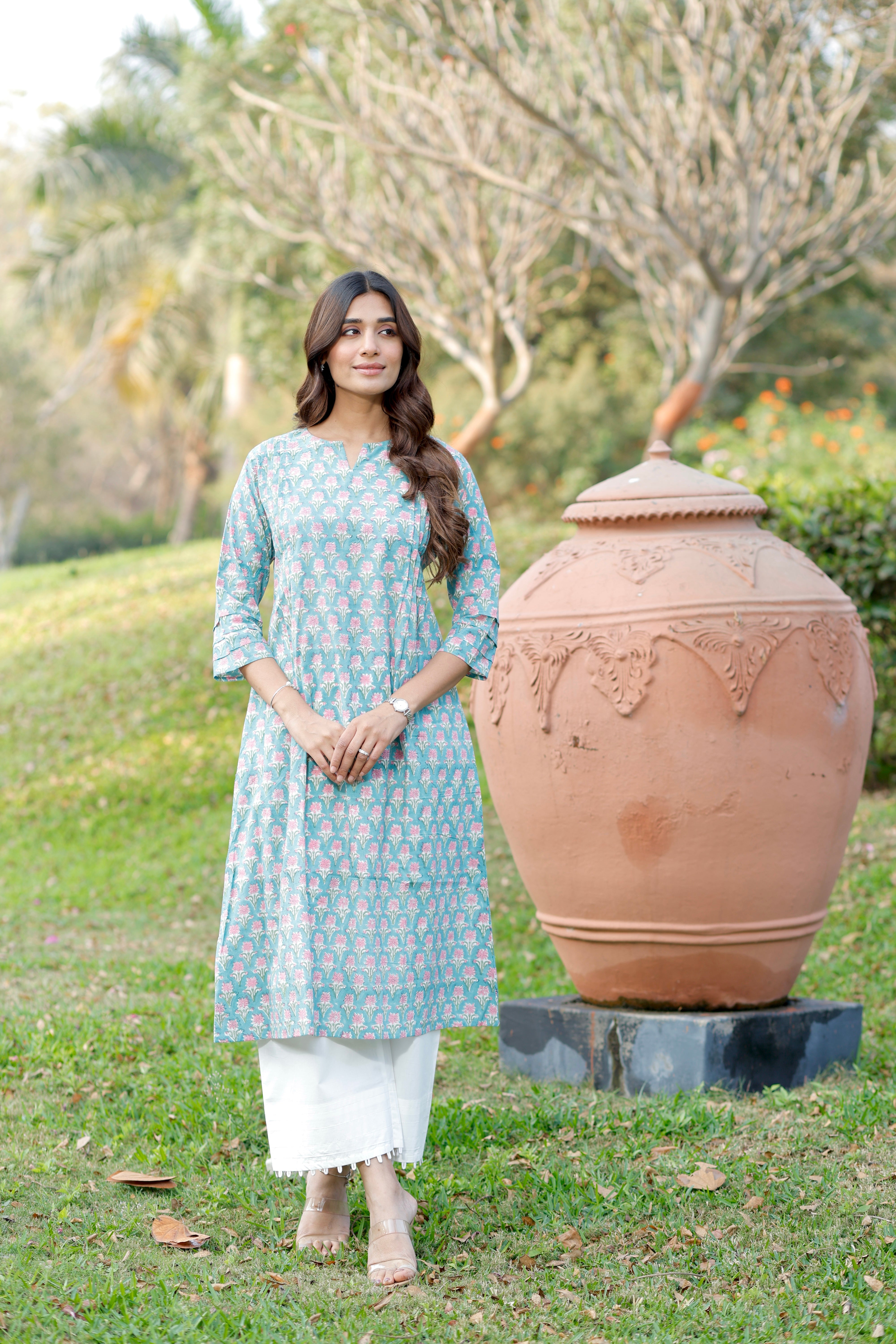 Soft Aqua blue Hand Block Printed Cotton Kurta