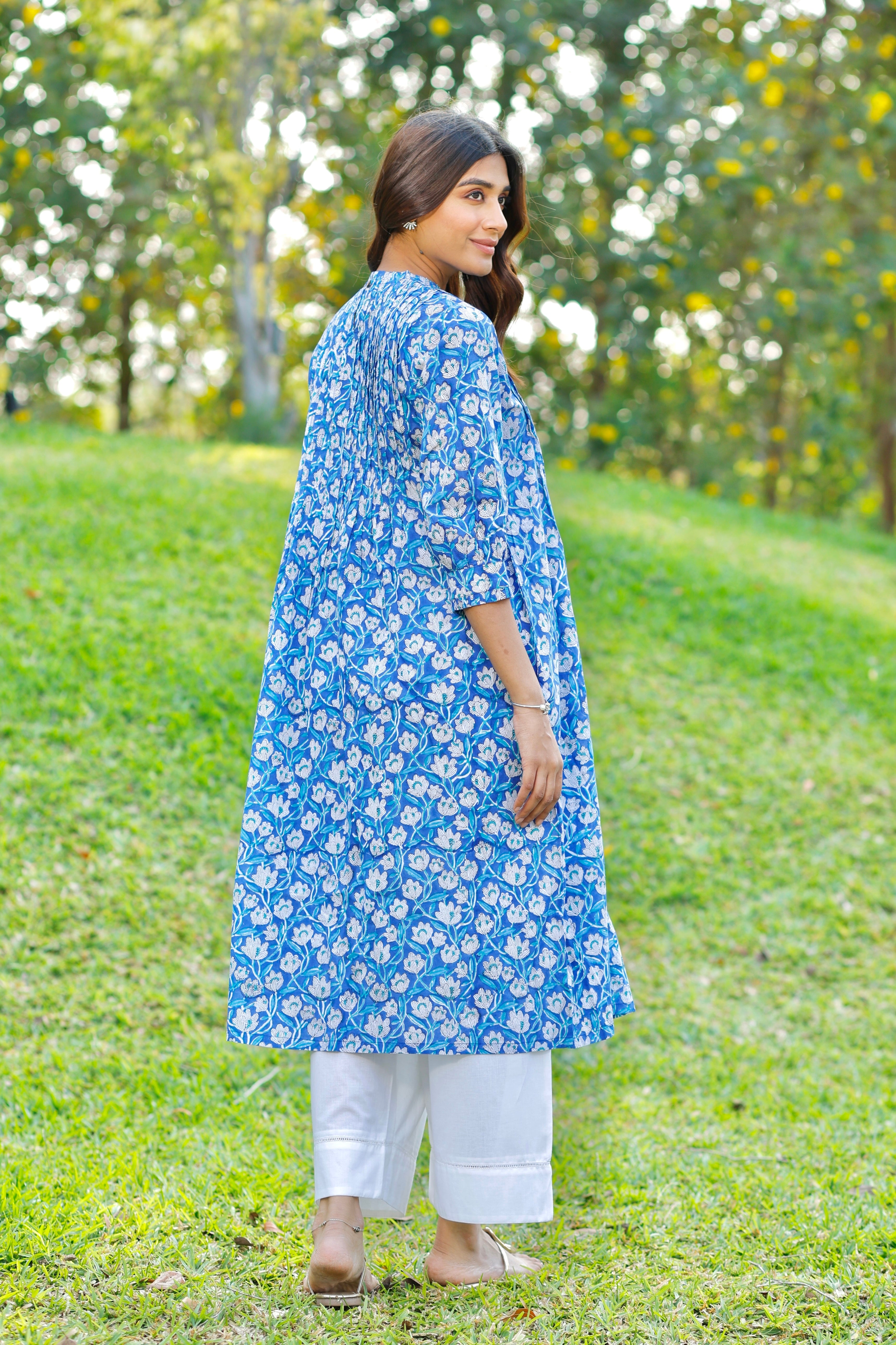 Blooming Blue Hand Block Printed Cotton Kurta