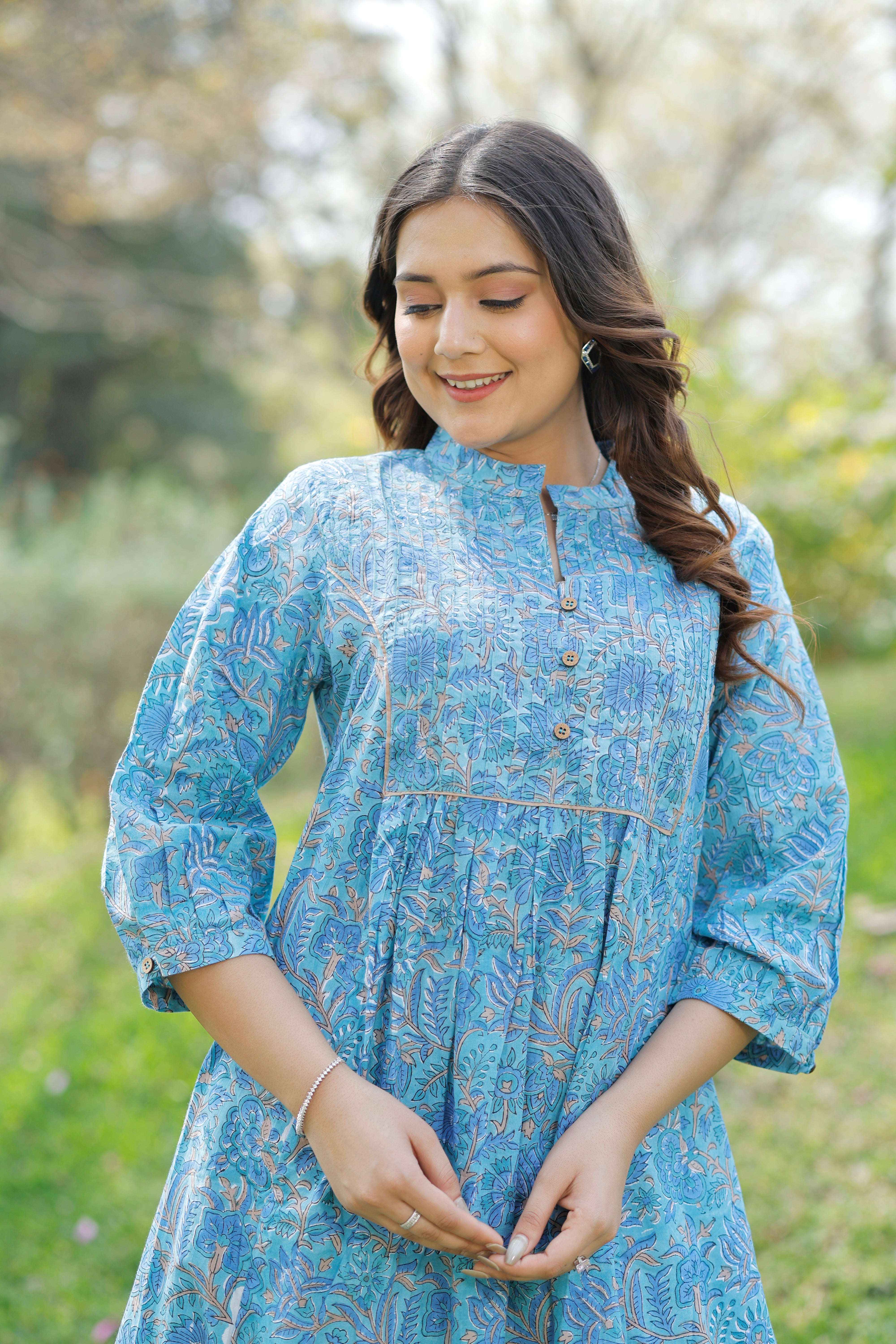 Aqua Blue Bloom Hand Block Printed Cotton Kurta