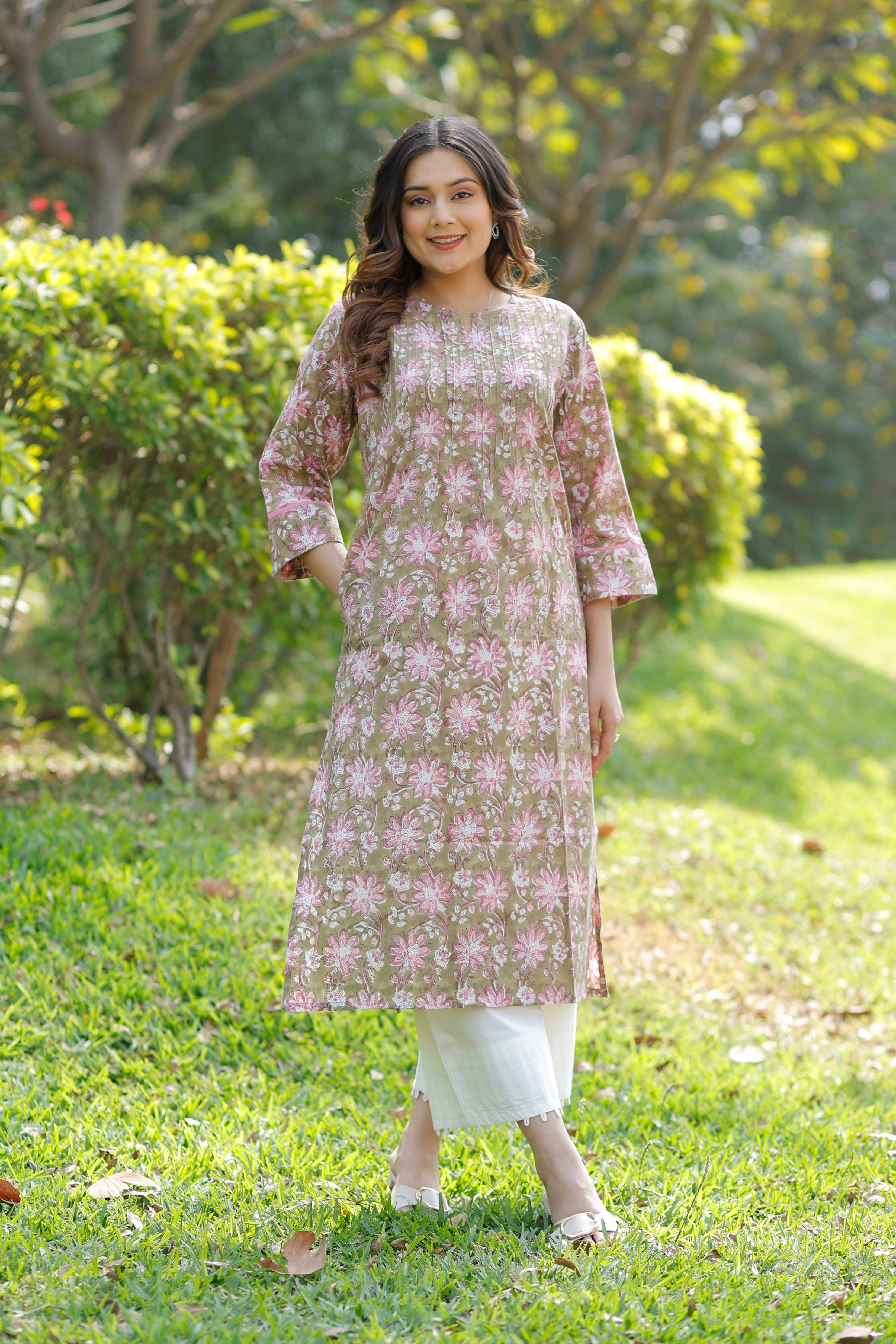 Olive Blush Hand Block Printed Cotton Kurta