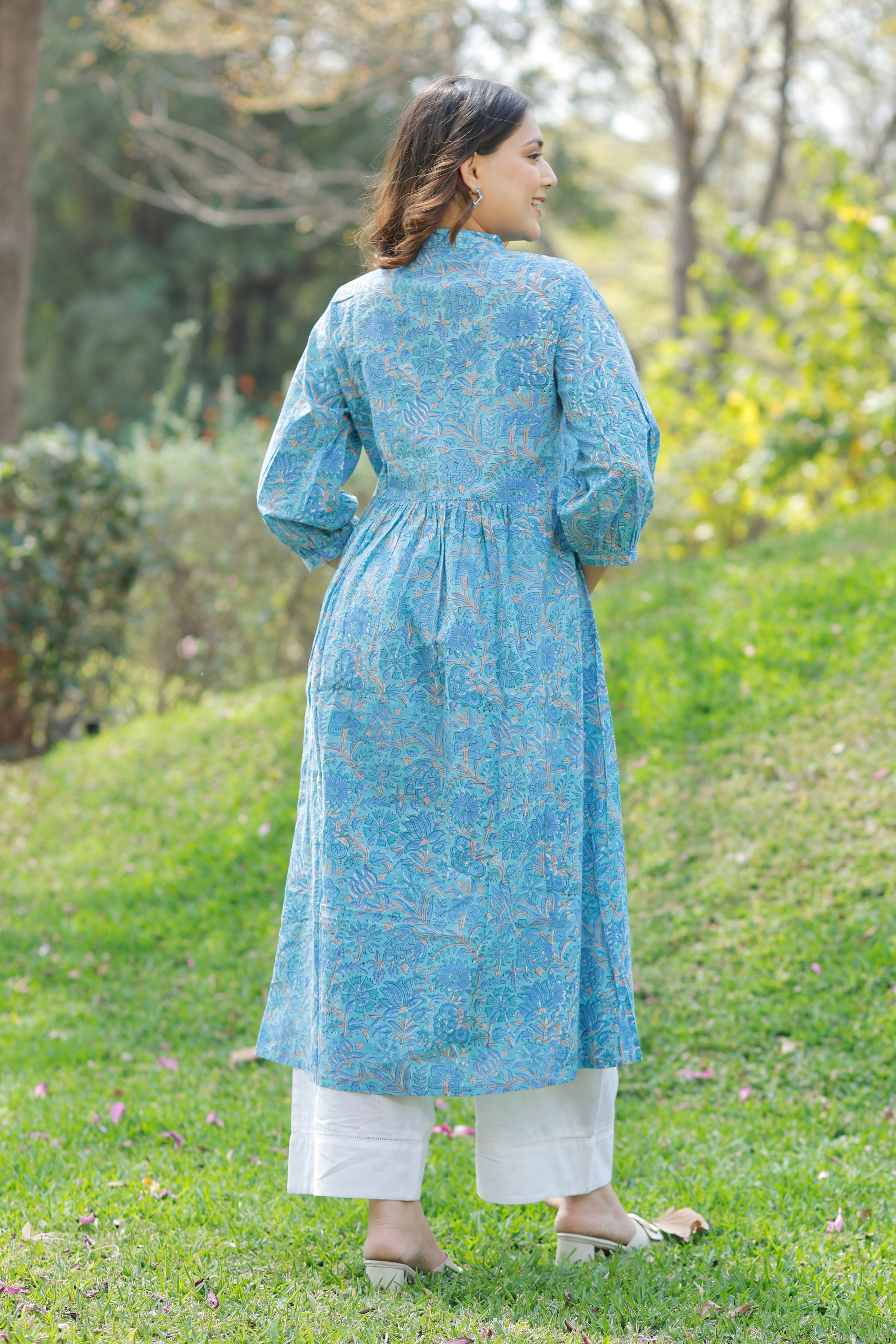 Aqua Blue Bloom Hand Block Printed Cotton Kurta