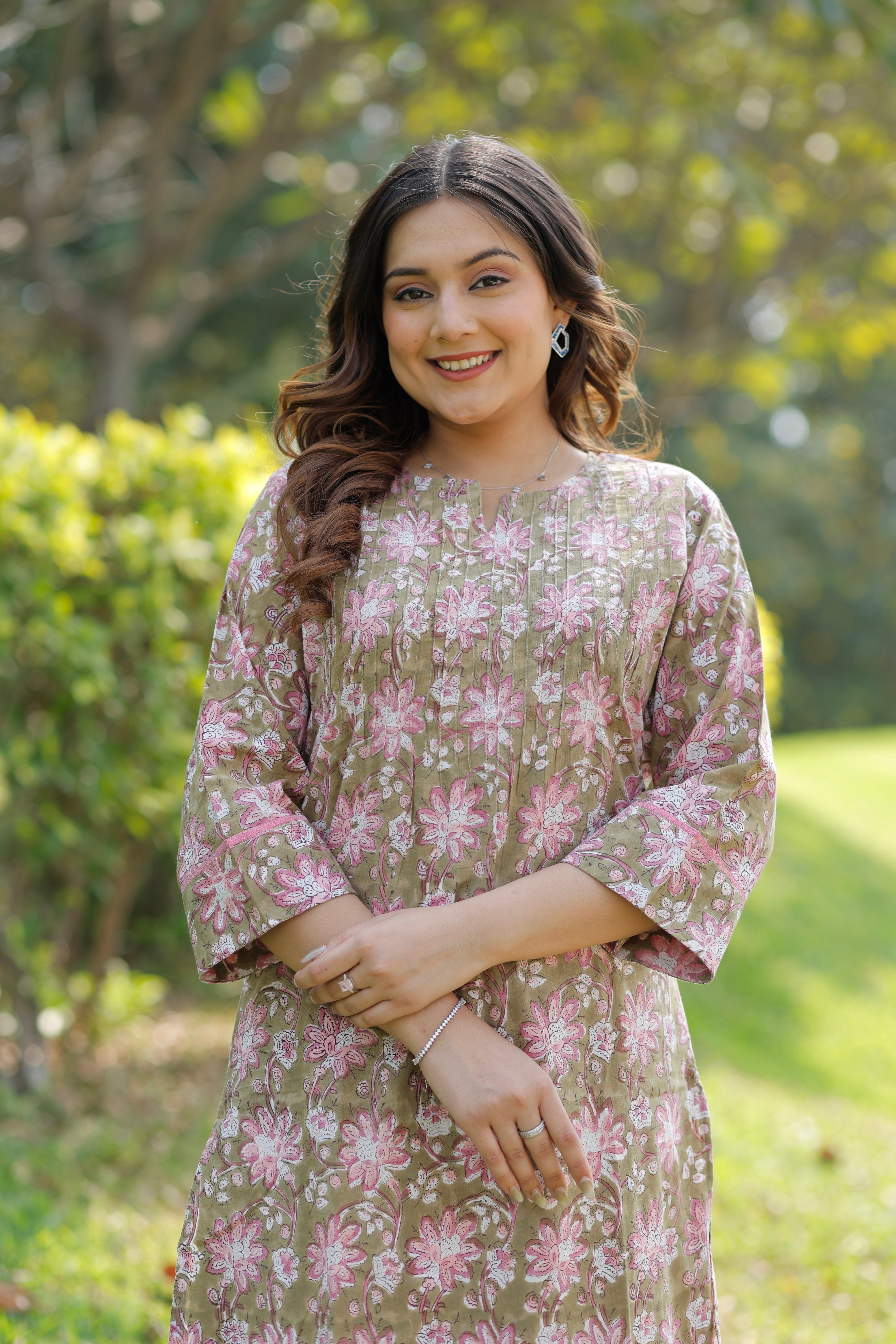 Olive Blush Hand Block Printed Cotton Kurta
