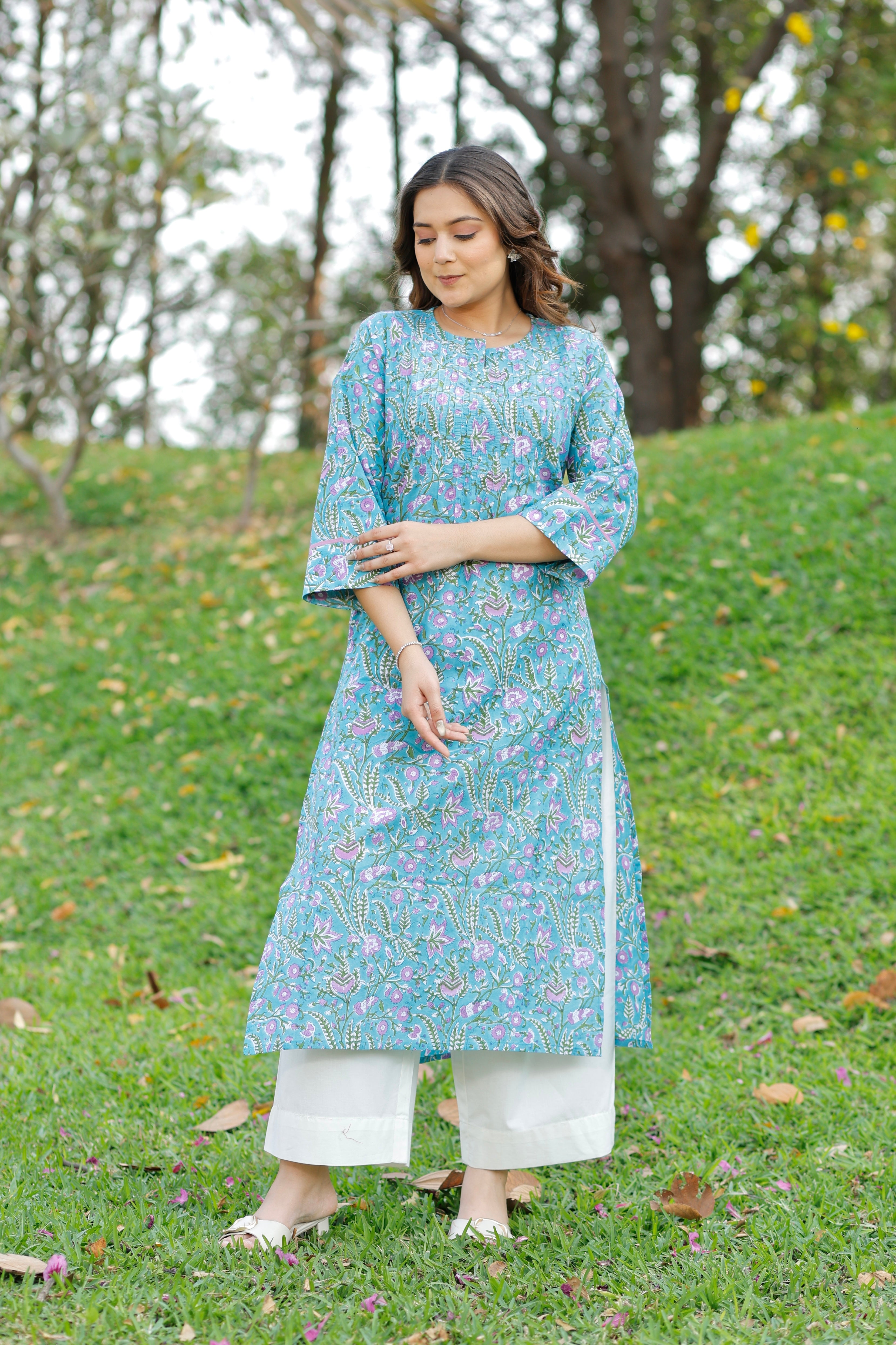 Aqua Bloom Hand Block Printed Cotton Kurta