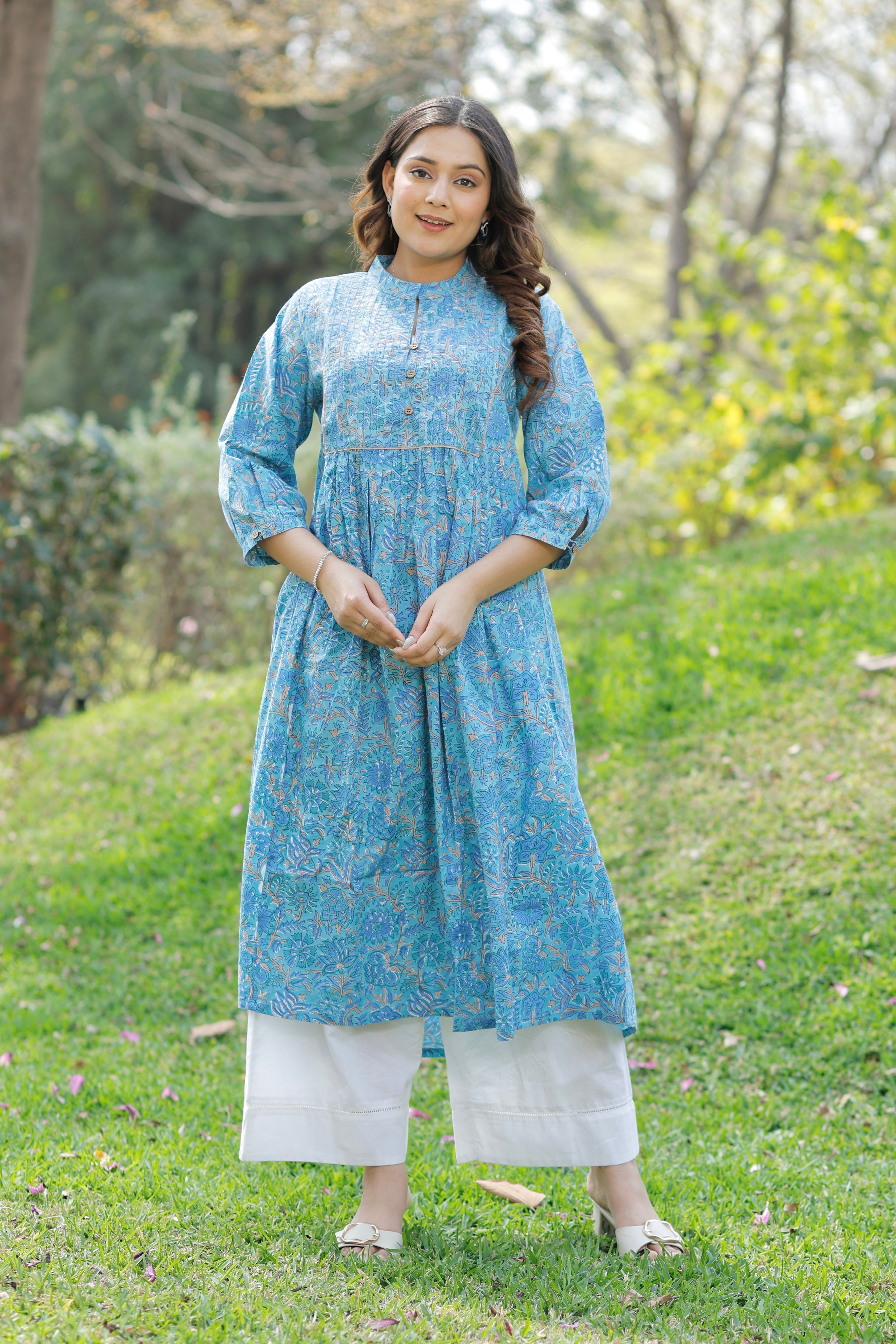 Aqua Blue Bloom Hand Block Printed Cotton Kurta