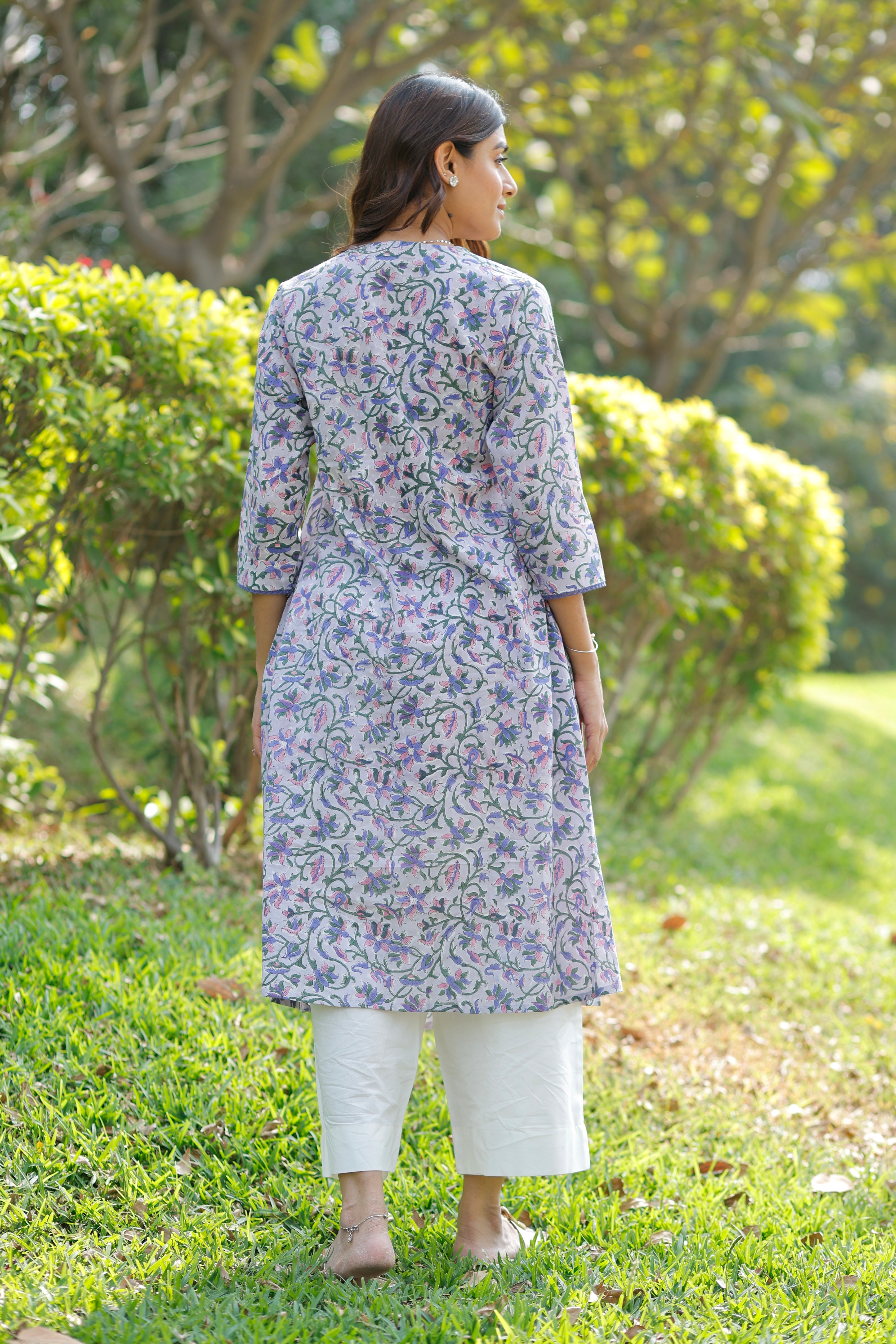Blooming Lavender Hand Block Printed Cotton Kurta