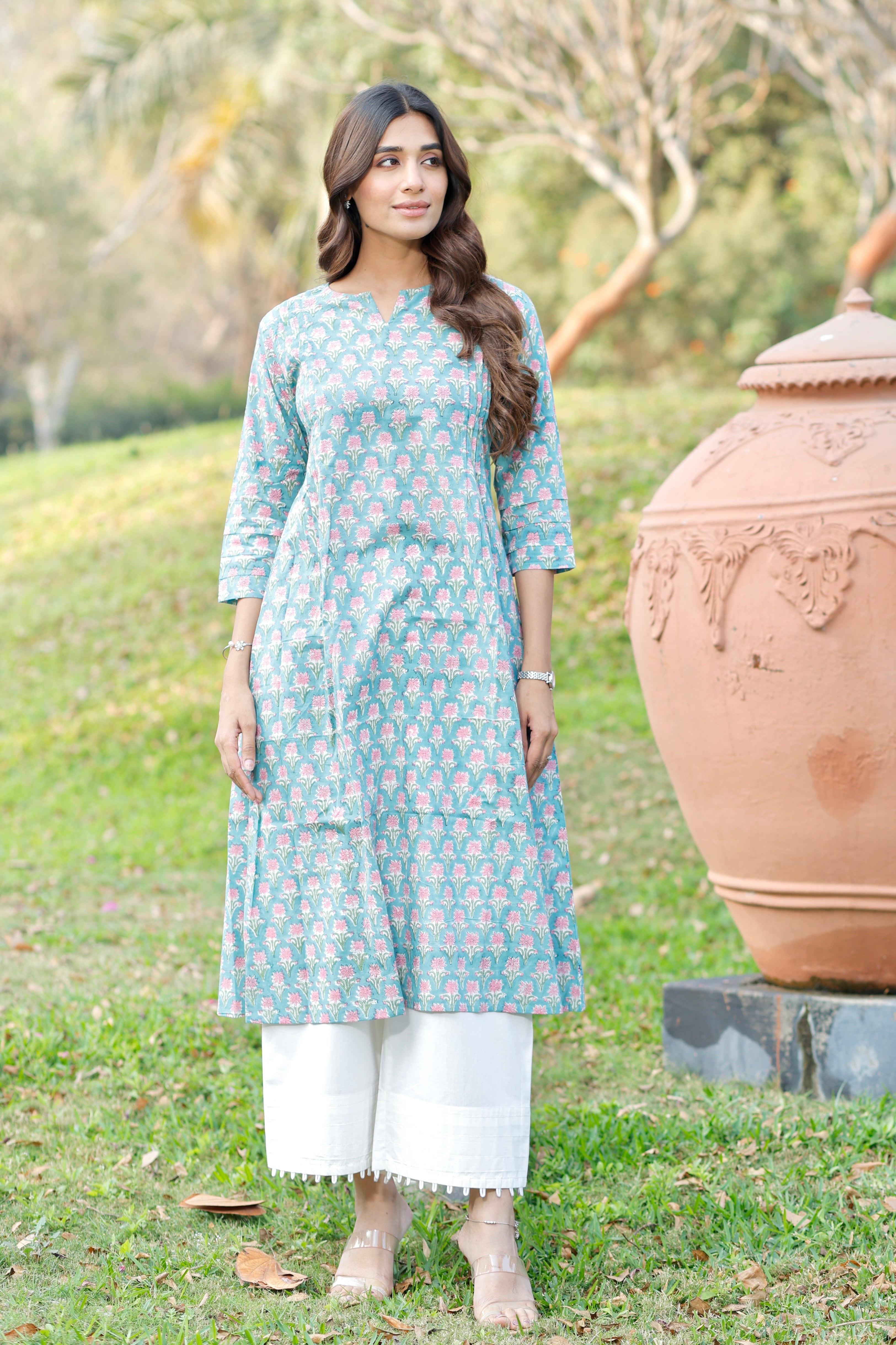 Soft Aqua blue Hand Block Printed Cotton Kurta
