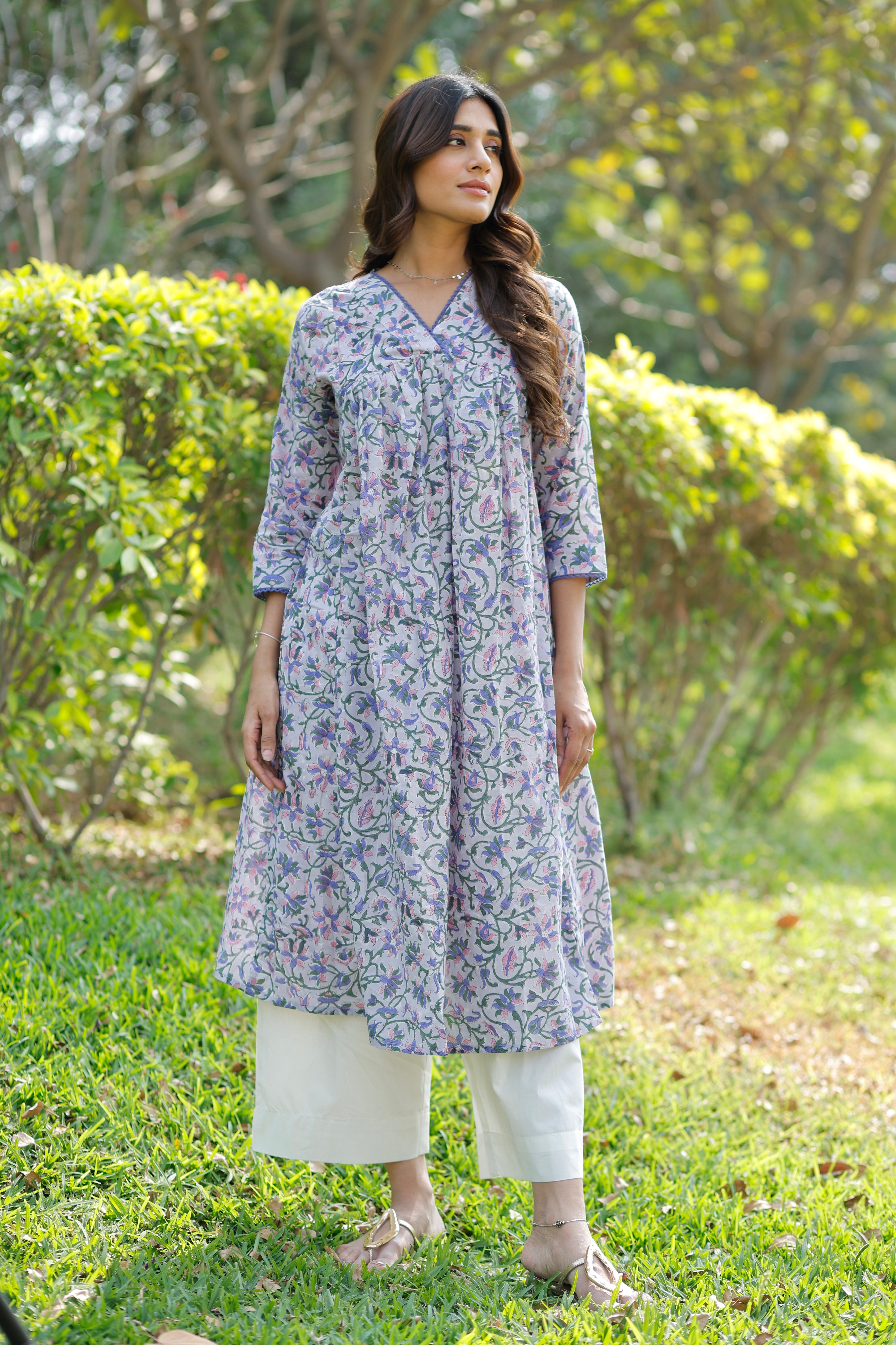 Blooming Lavender Hand Block Printed Cotton Kurta