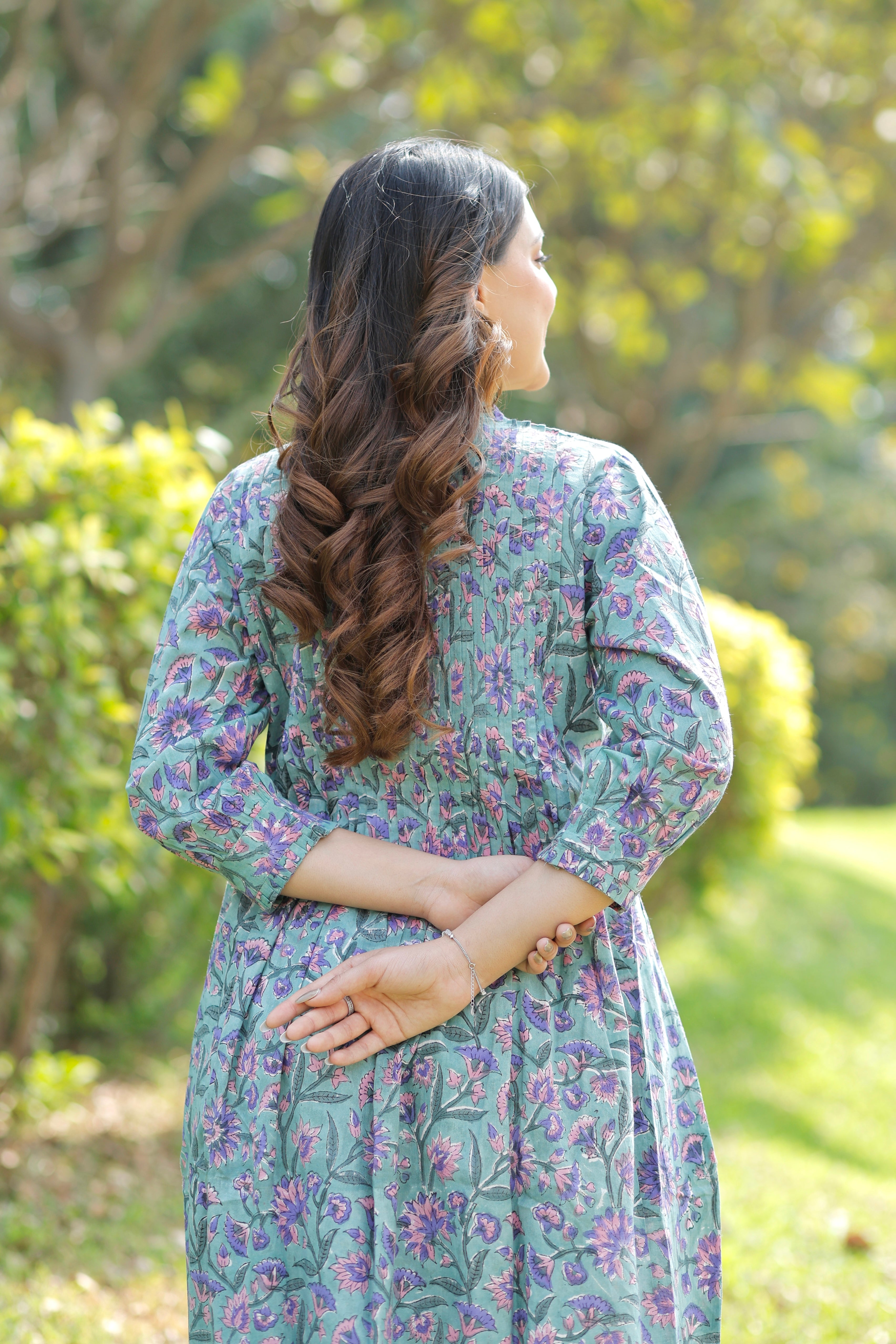 Sweet Sea green Hand Block Printed Cotton Kurta