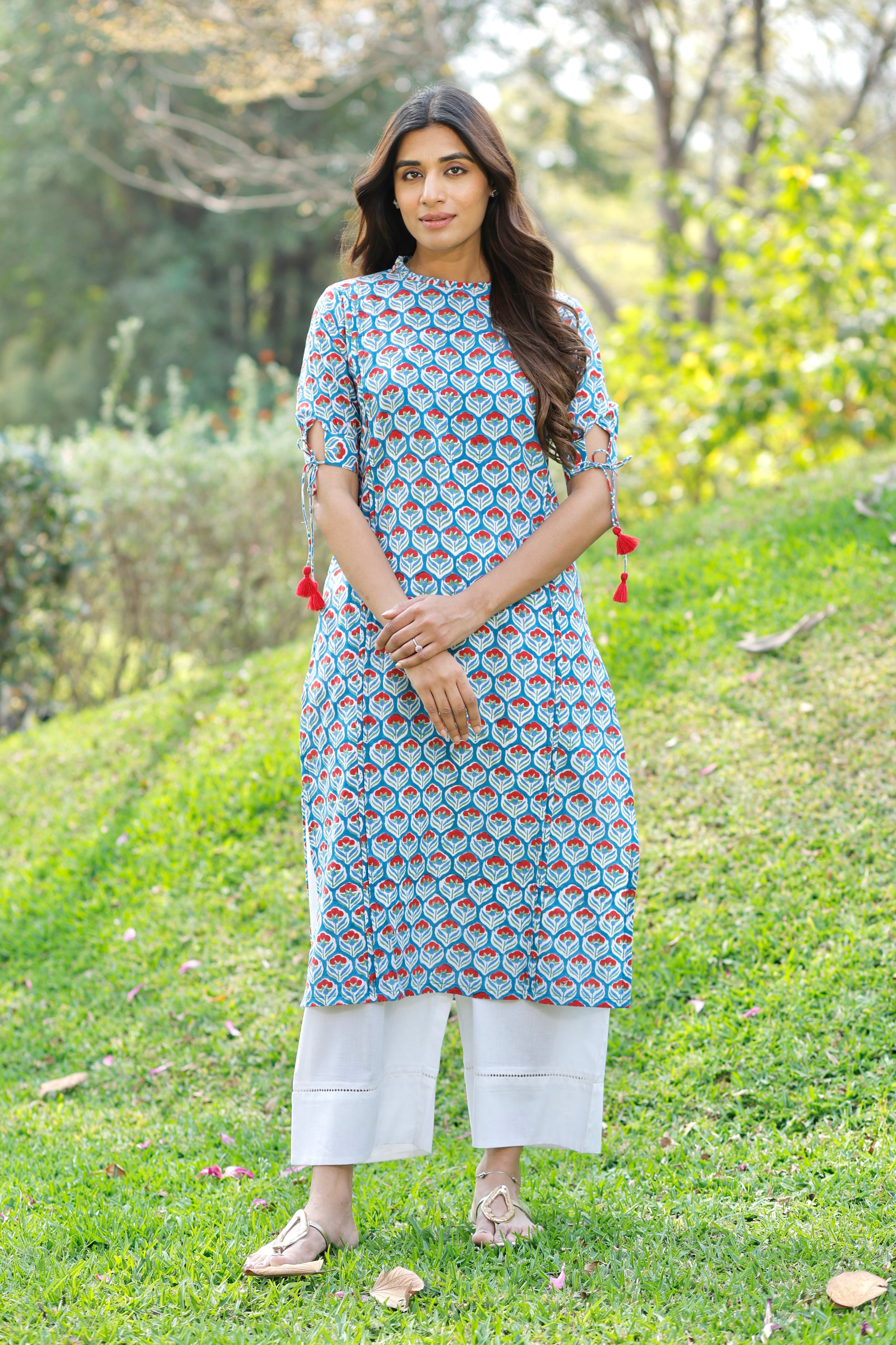 Teal Blue Hand Block Printed Cotton Kurta