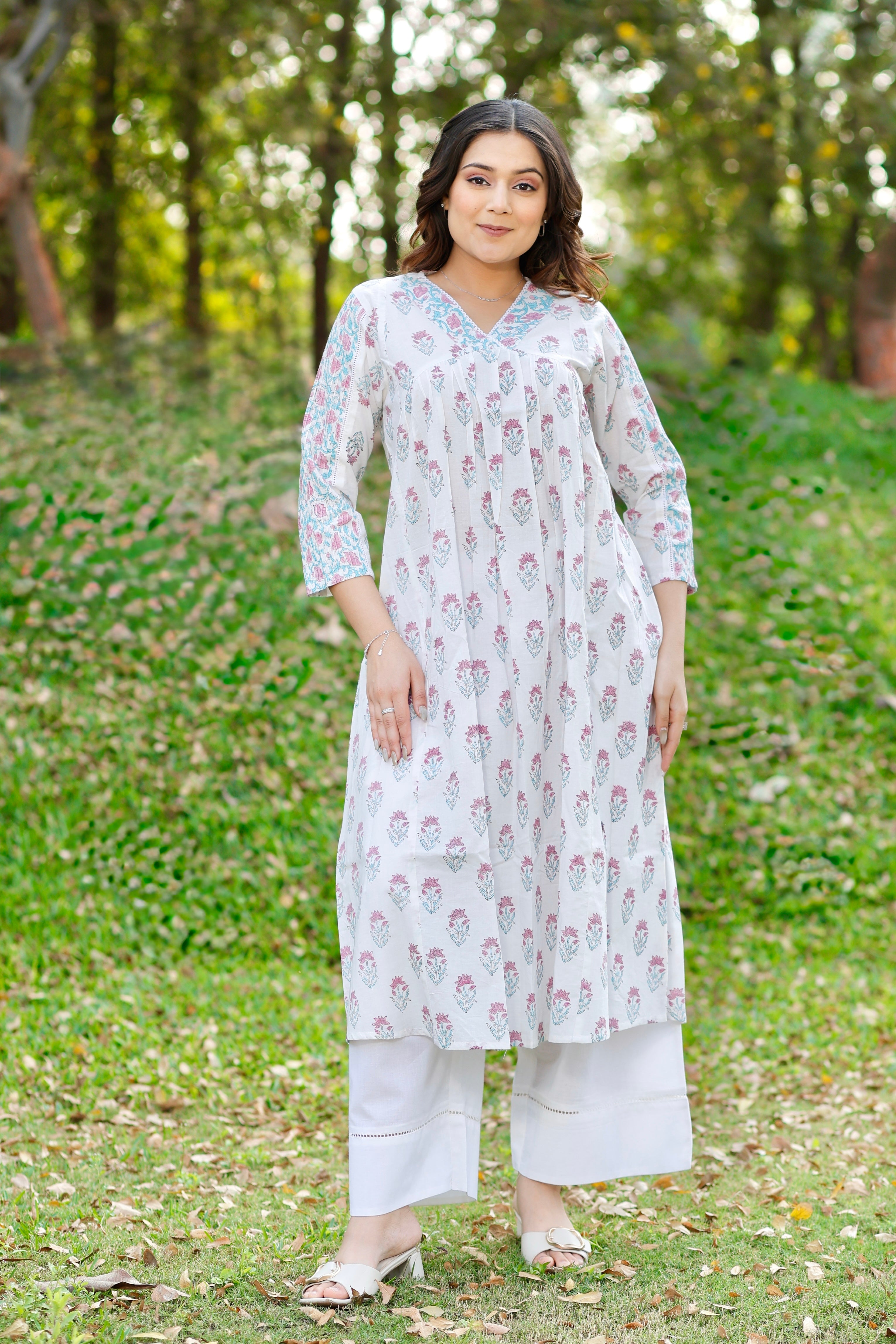 White Bloom Floral Hand Block Printed Cotton Kurta