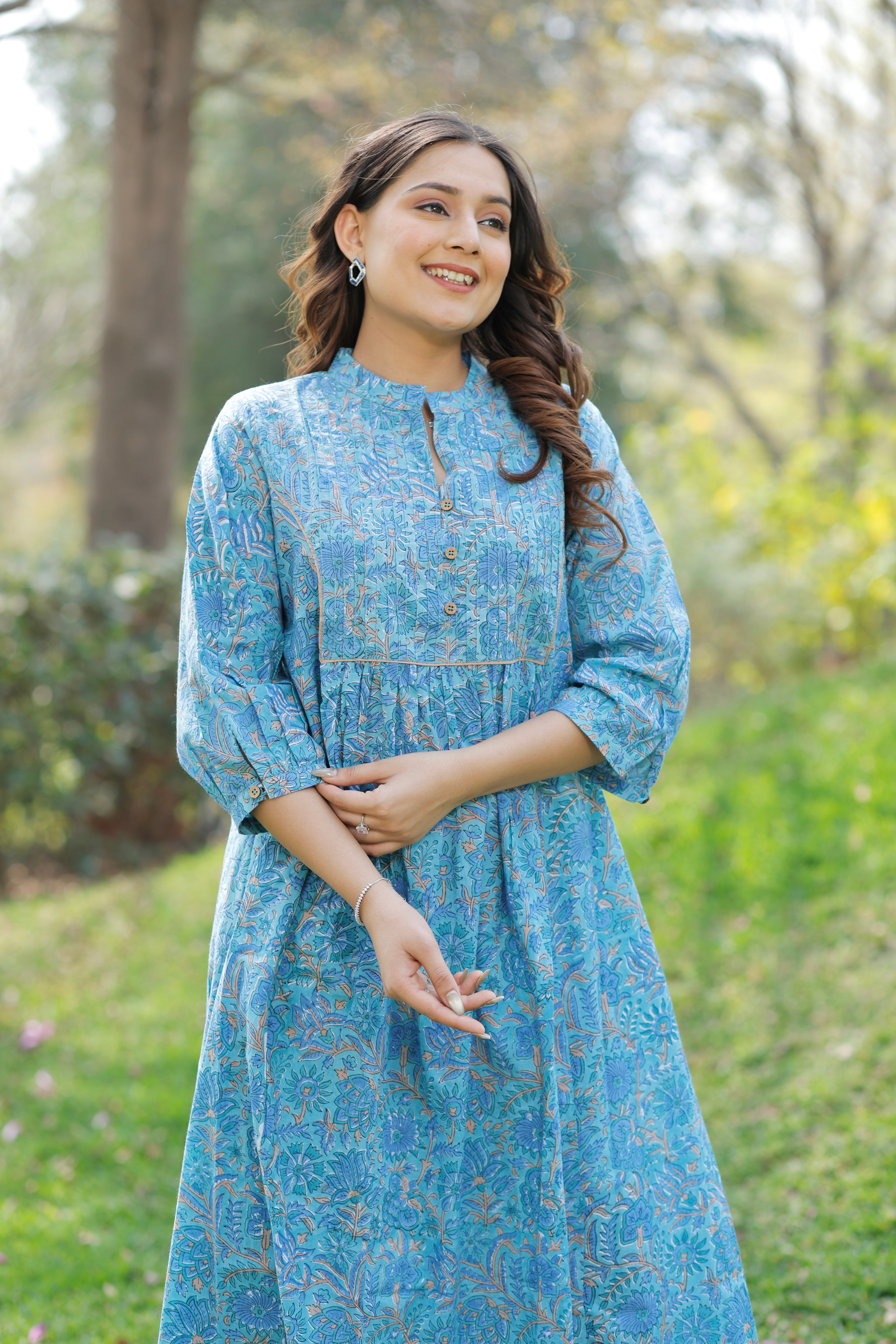 Aqua Blue Bloom Hand Block Printed Cotton Kurta