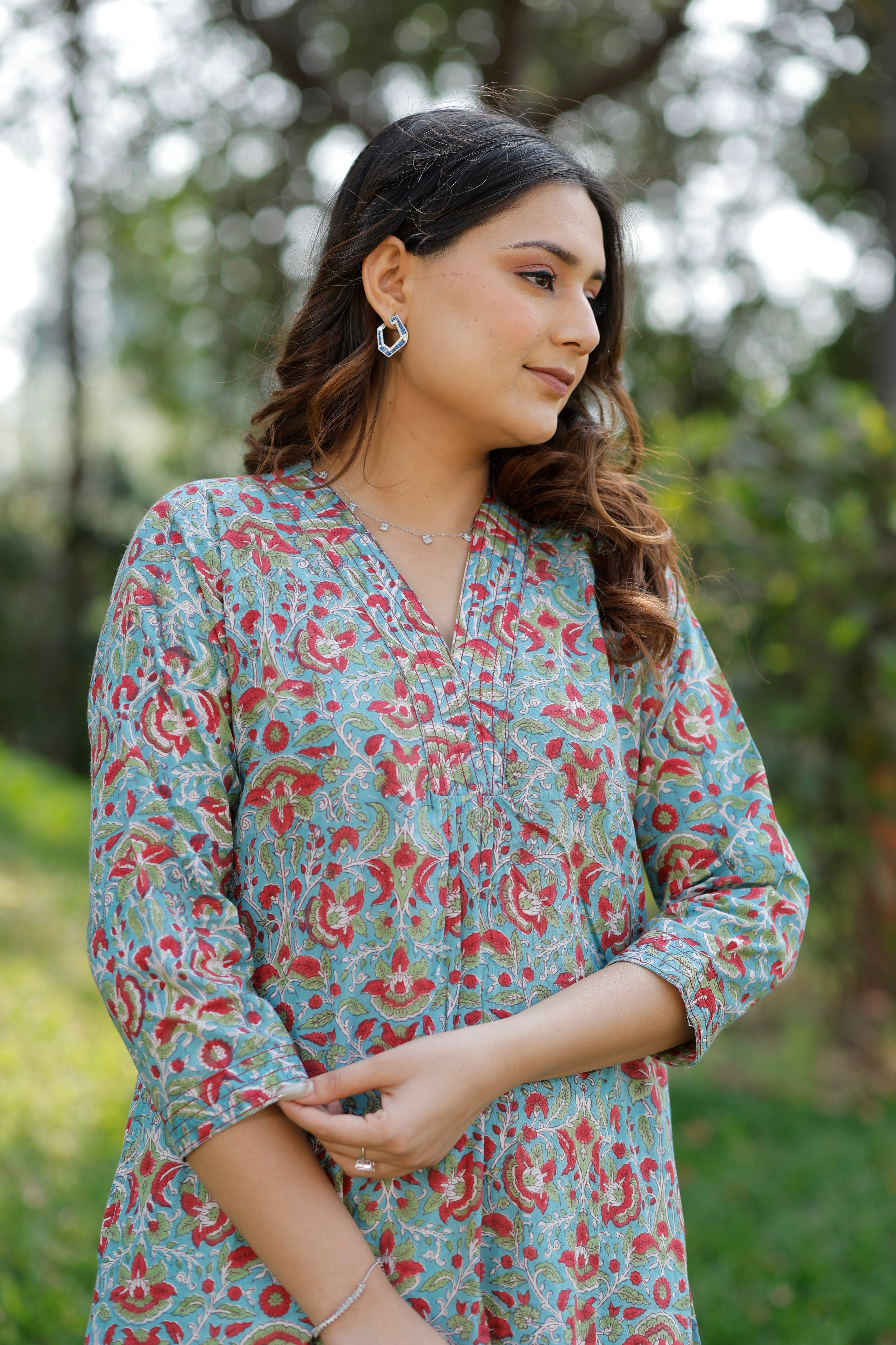 Soft Cadet Blue Hand Block Printed Cotton Kurta