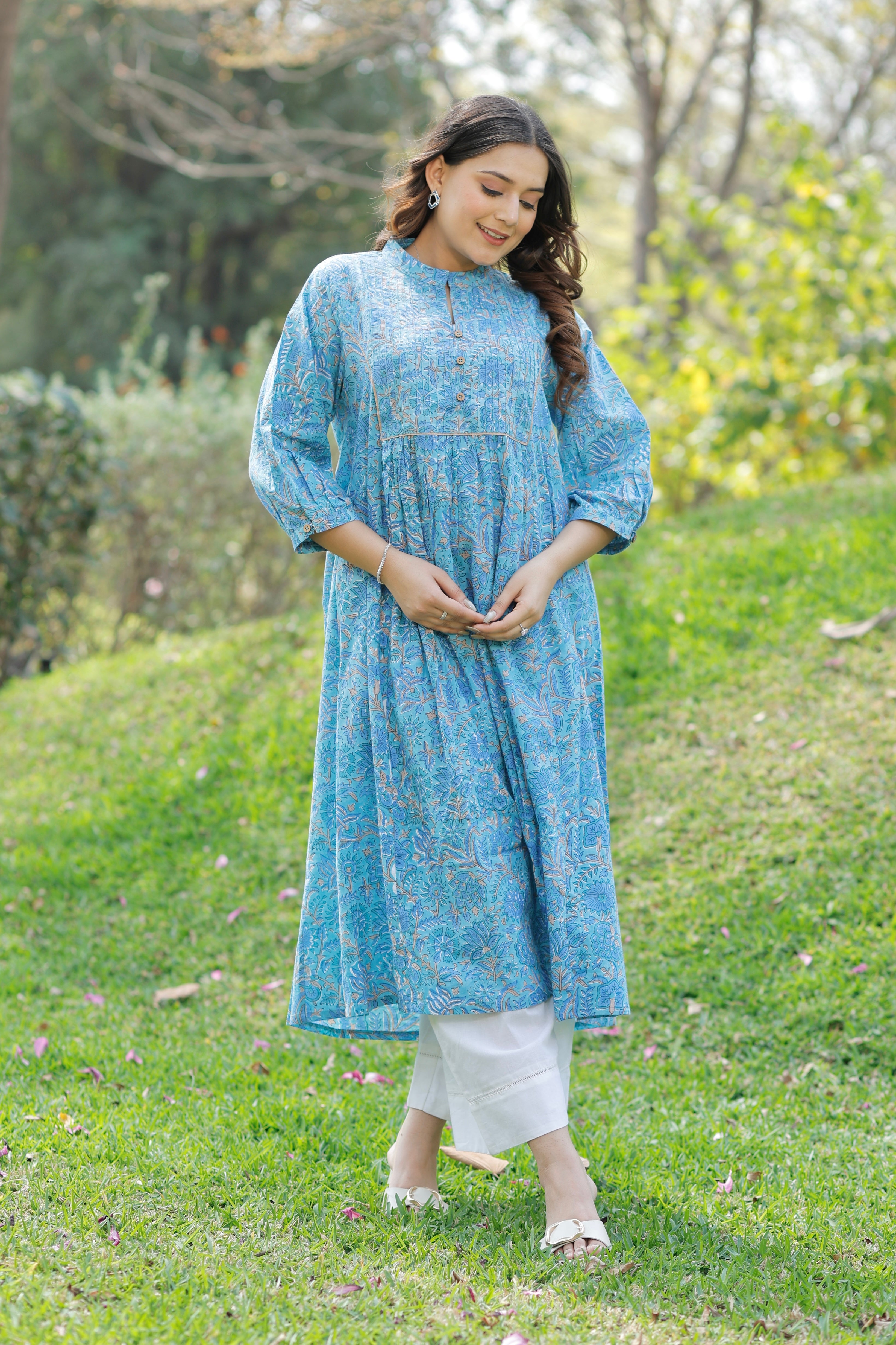 Aqua Blue Bloom Hand Block Printed Cotton Kurta