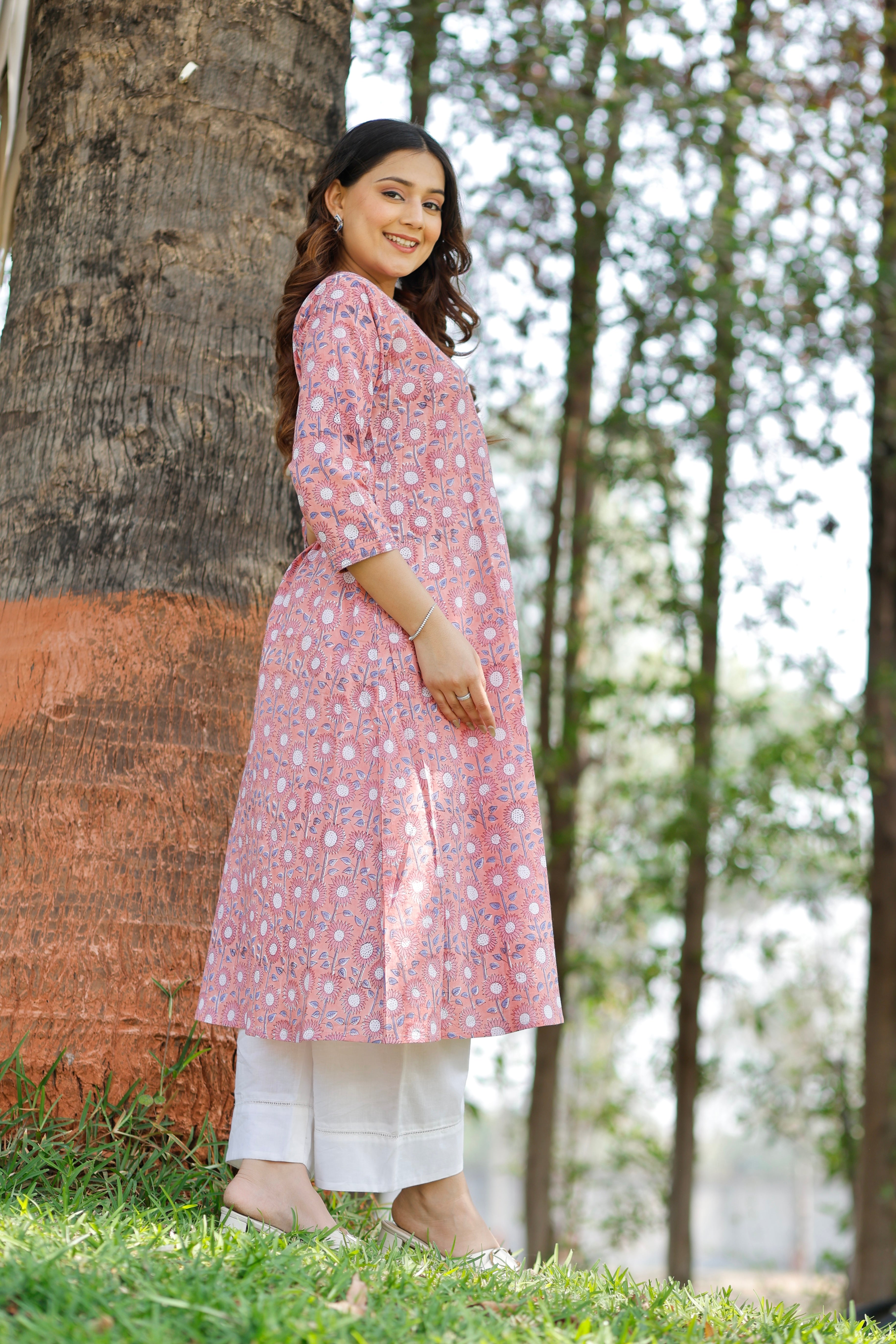 Coral Blush Hand Block Printed Cotton Kurta