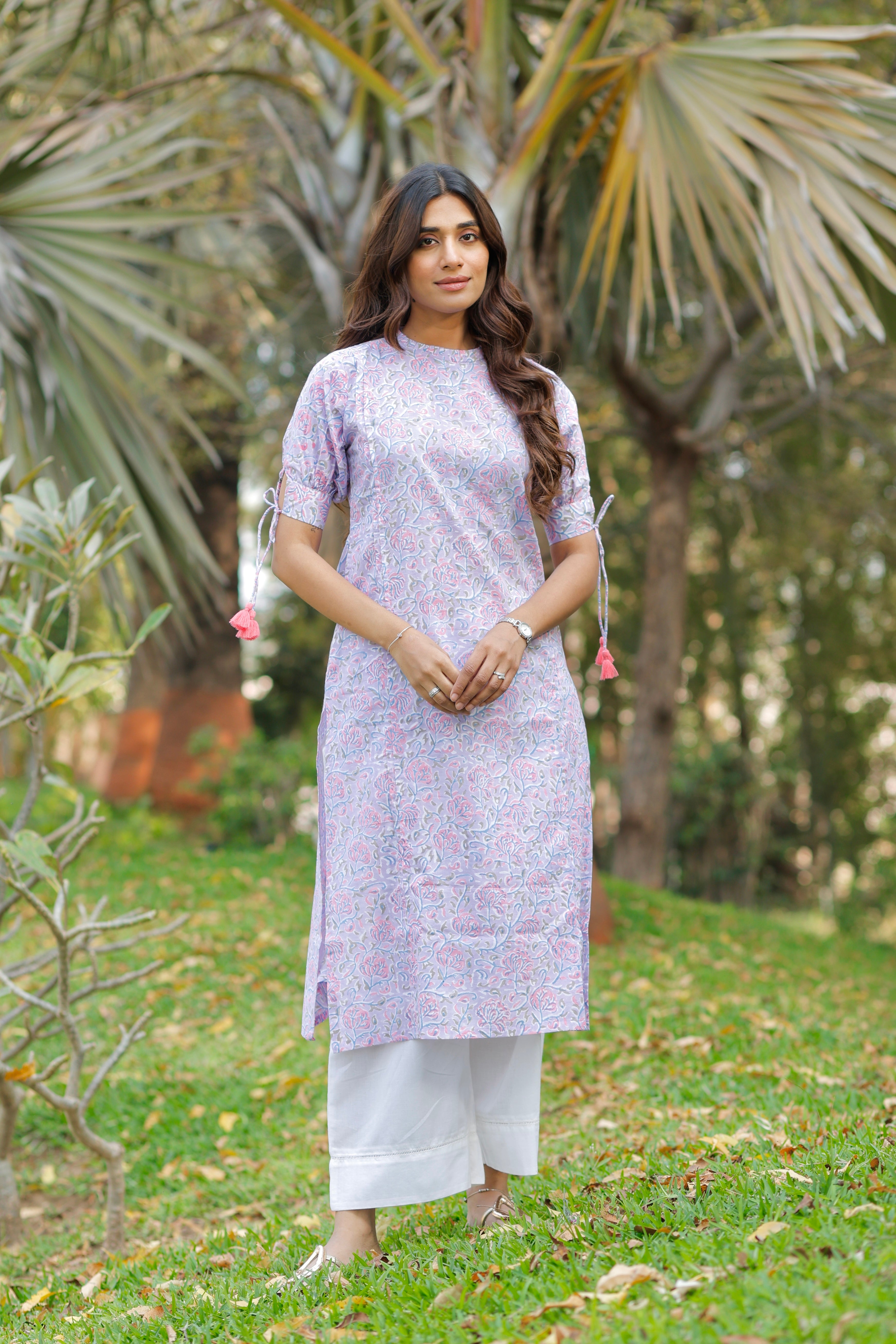Misty Blue Hand Block Printed Cotton Kurta