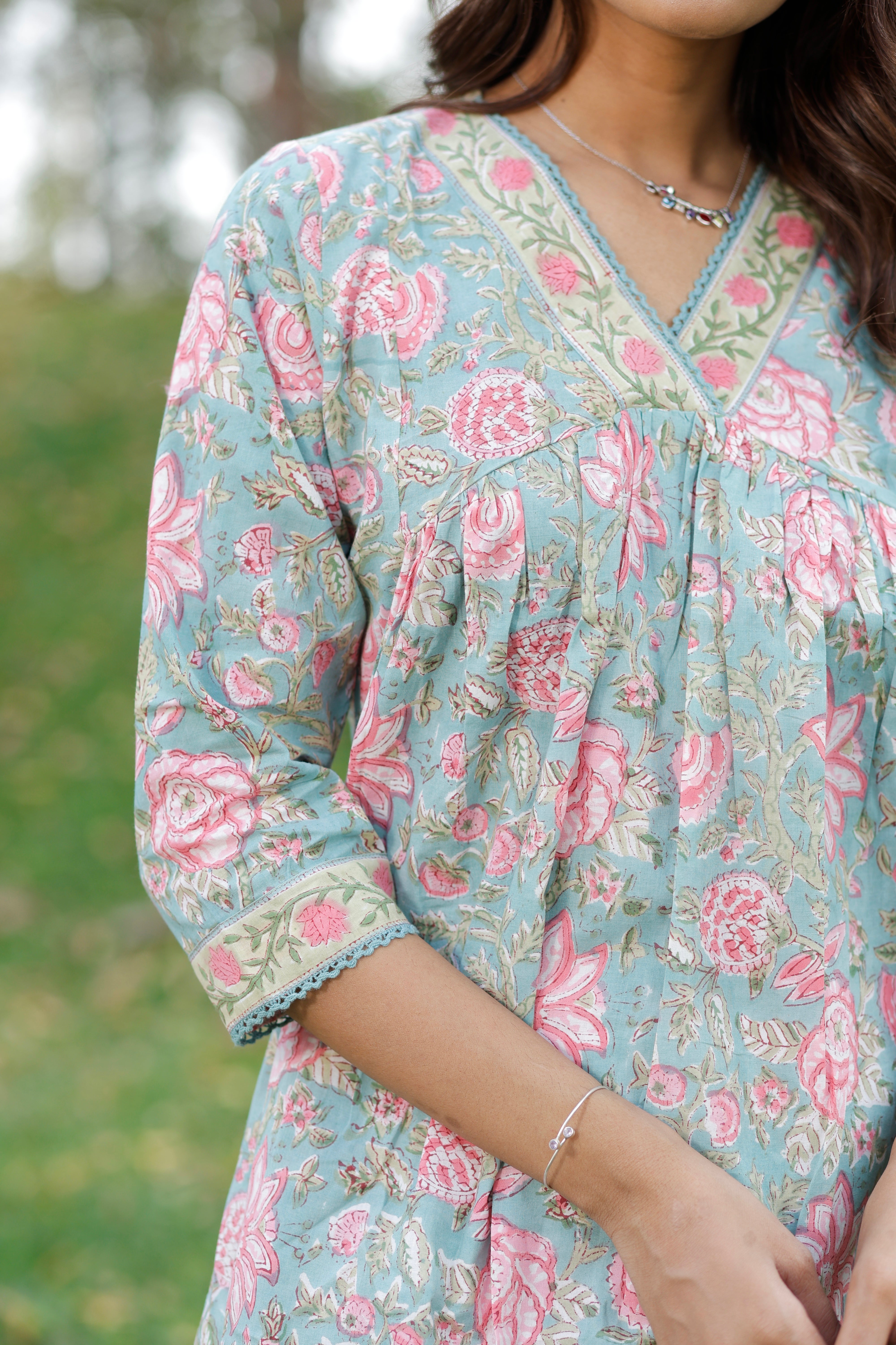 Sweet Blue Hand Block Printed Cotton Kurta