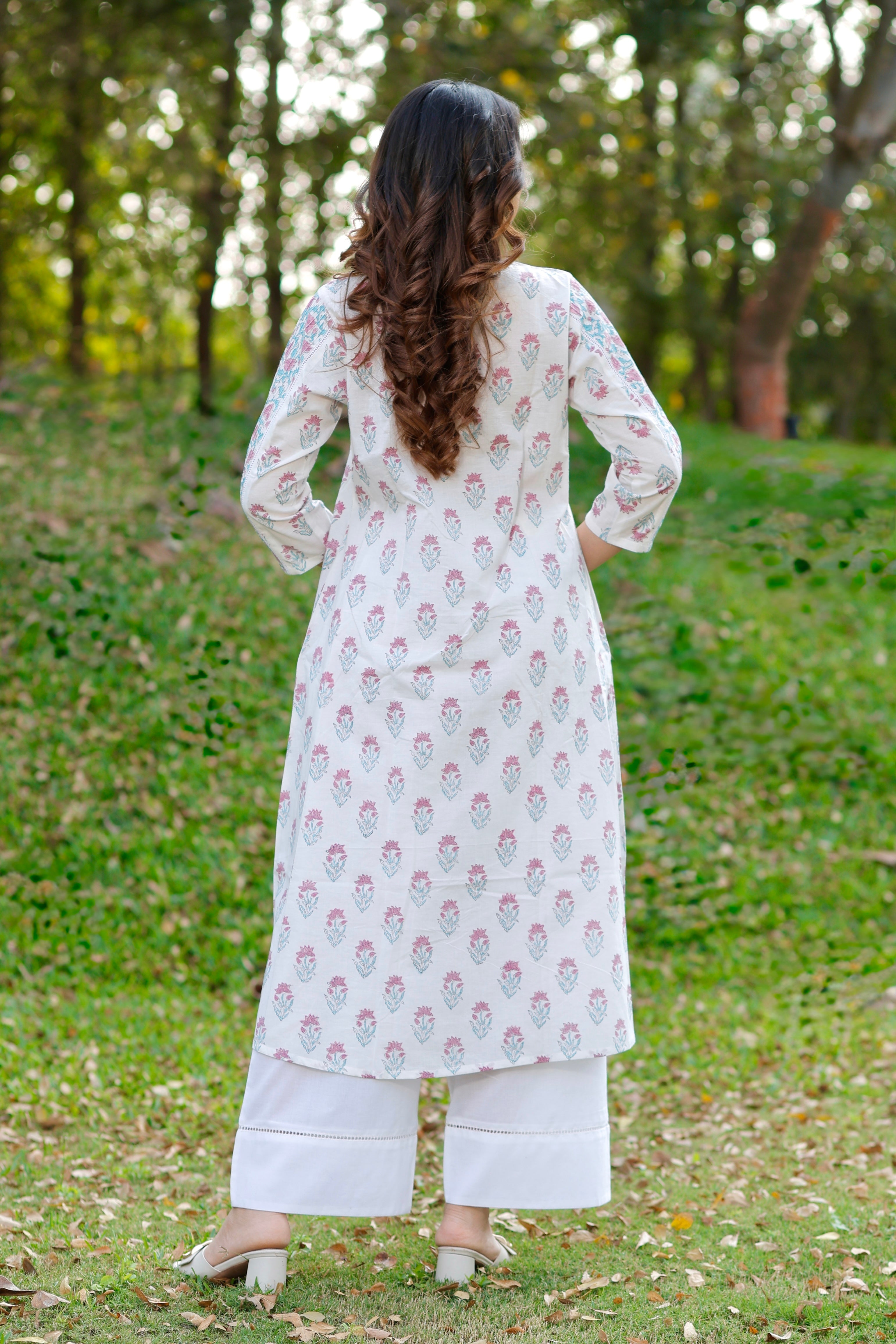 White Bloom Floral Hand Block Printed Cotton Kurta