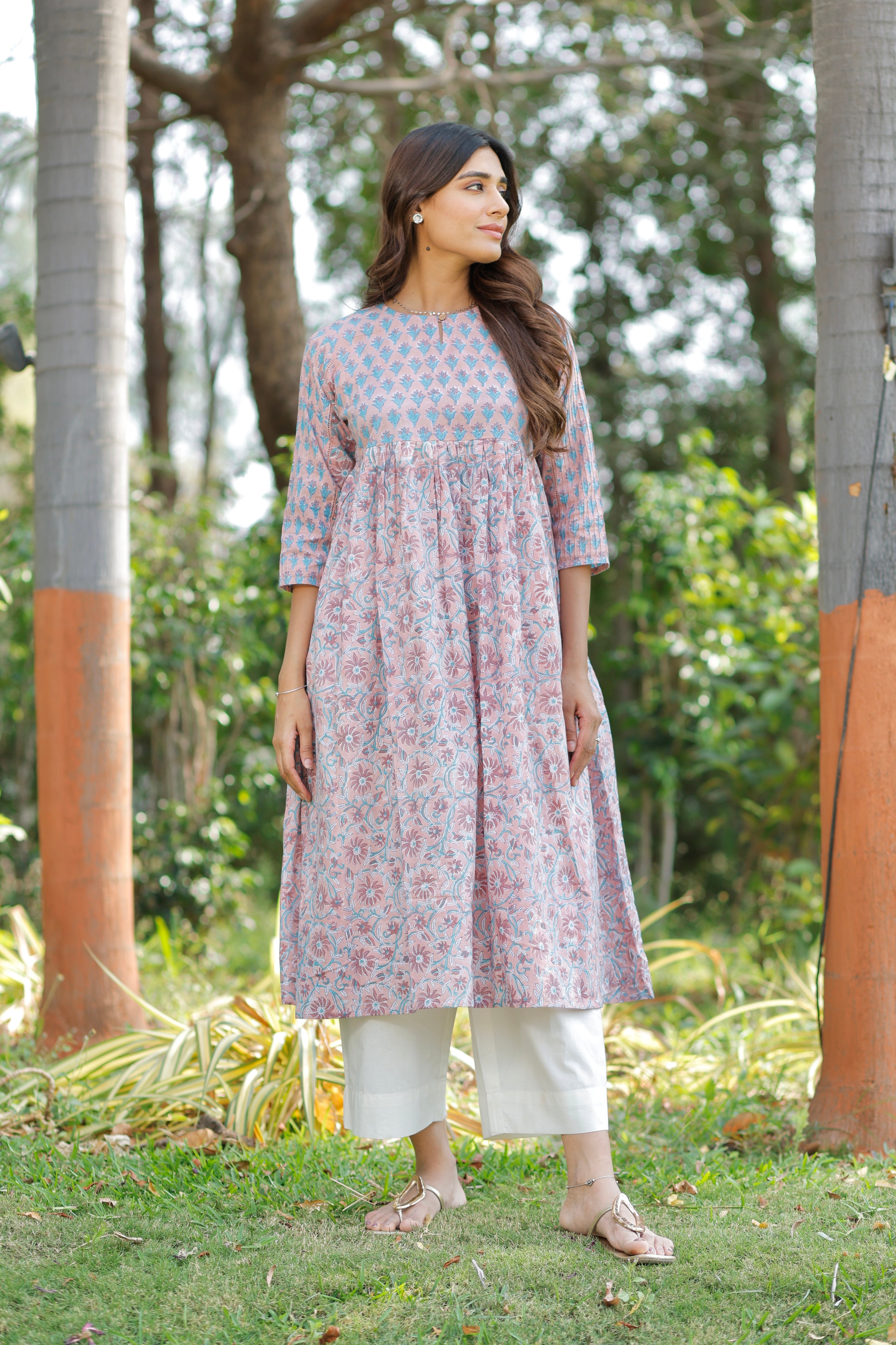 Pink Rose Petal Hand Block Printed Cotton Kurta