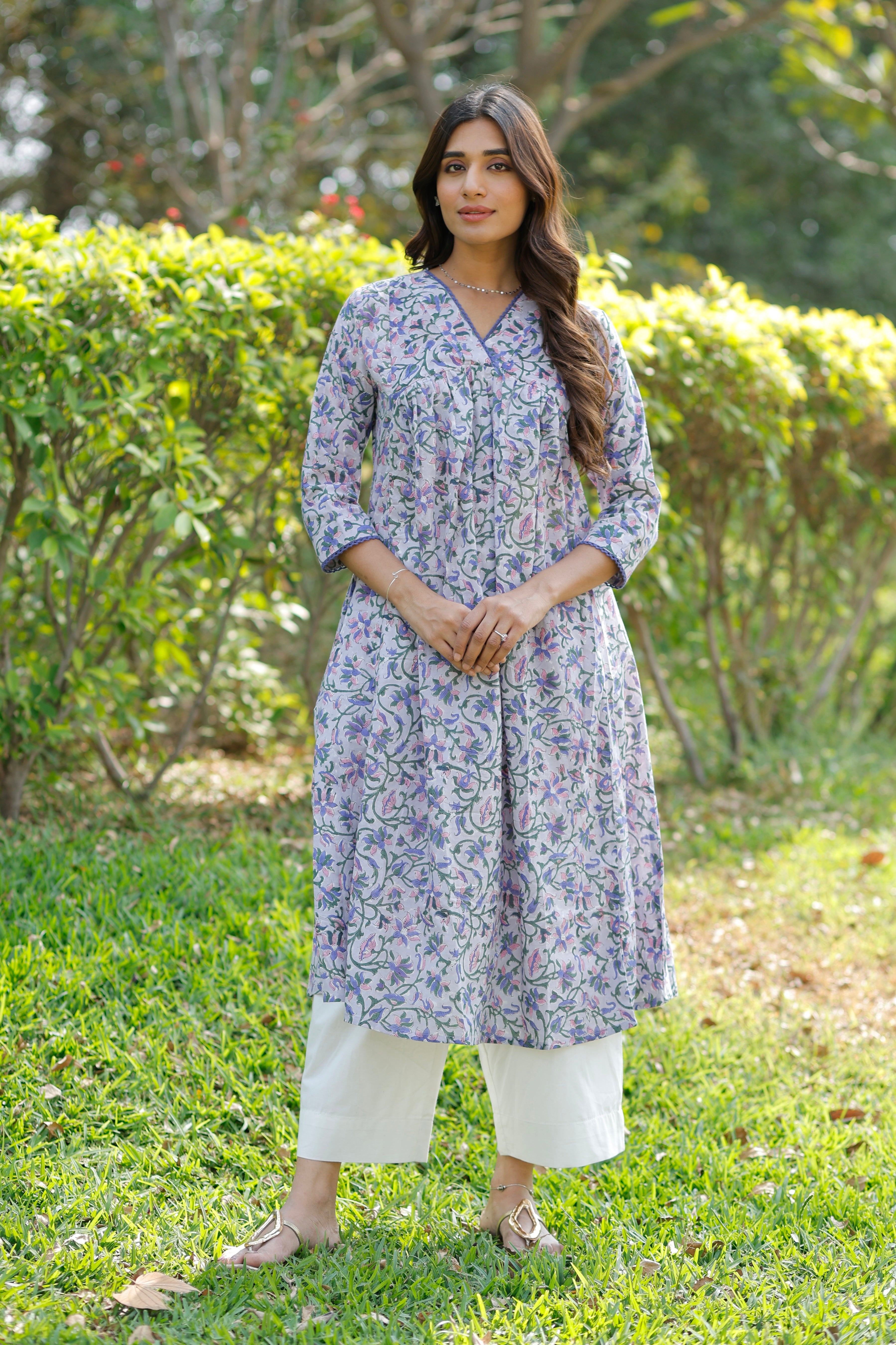 Blooming Lavender Hand Block Printed Cotton Kurta